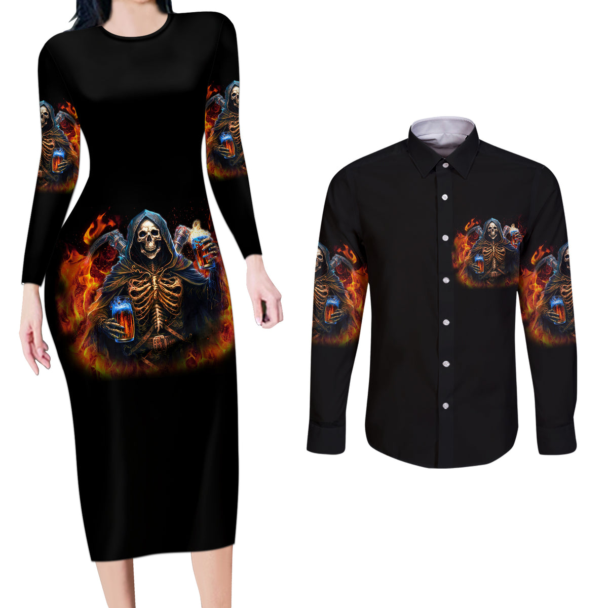 Drink With You Again Reaper Couples Matching Long Sleeve Bodycon Dress and Long Sleeve Button Shirt - Wonder Print Shop