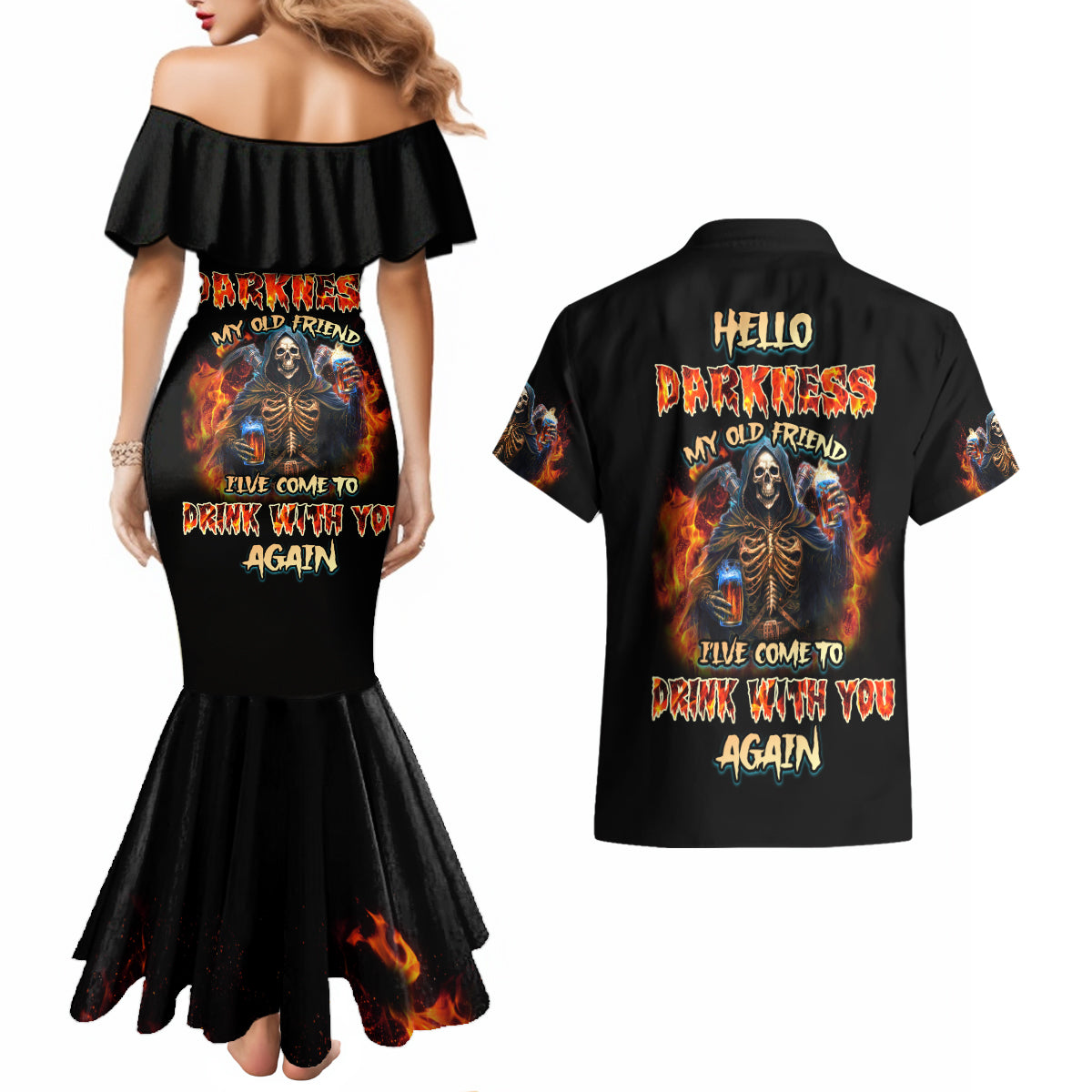 Drink With You Again Reaper Couples Matching Mermaid Dress and Hawaiian Shirt - Wonder Print Shop