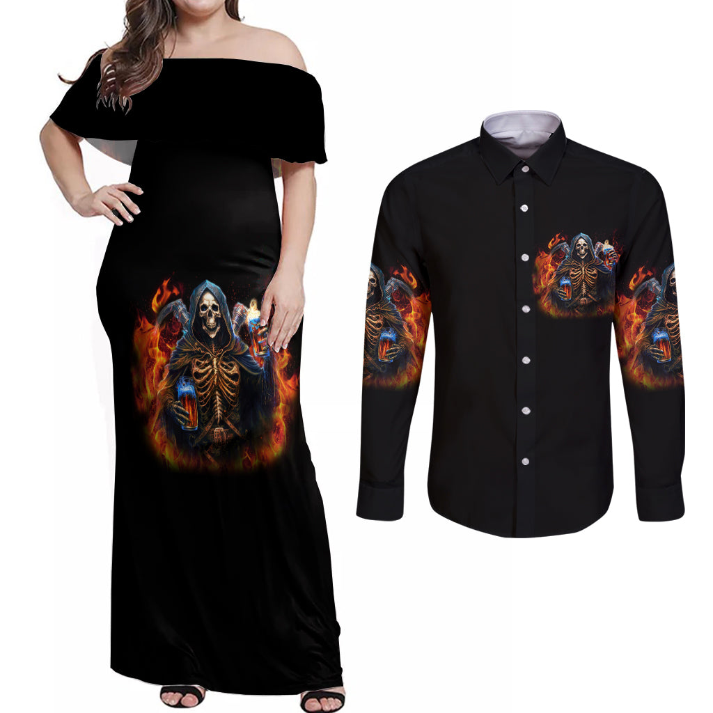 Drink With You Again Reaper Couples Matching Off Shoulder Maxi Dress and Long Sleeve Button Shirt - Wonder Print Shop