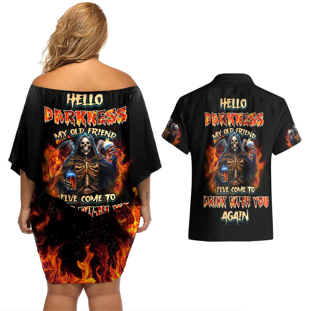 Drink With You Again Reaper Couples Matching Off Shoulder Short Dress and Hawaiian Shirt - Wonder Print Shop