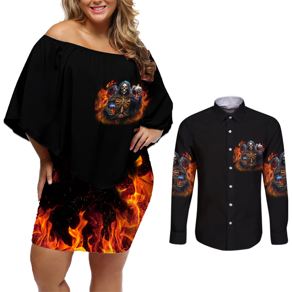 Drink With You Again Reaper Couples Matching Off Shoulder Short Dress and Long Sleeve Button Shirt - Wonder Print Shop