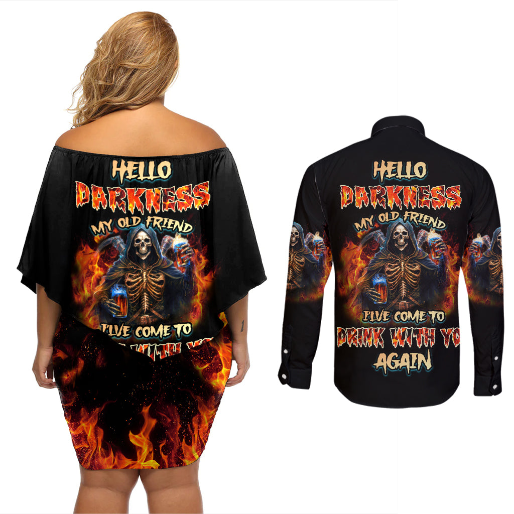 Drink With You Again Reaper Couples Matching Off Shoulder Short Dress and Long Sleeve Button Shirt - Wonder Print Shop