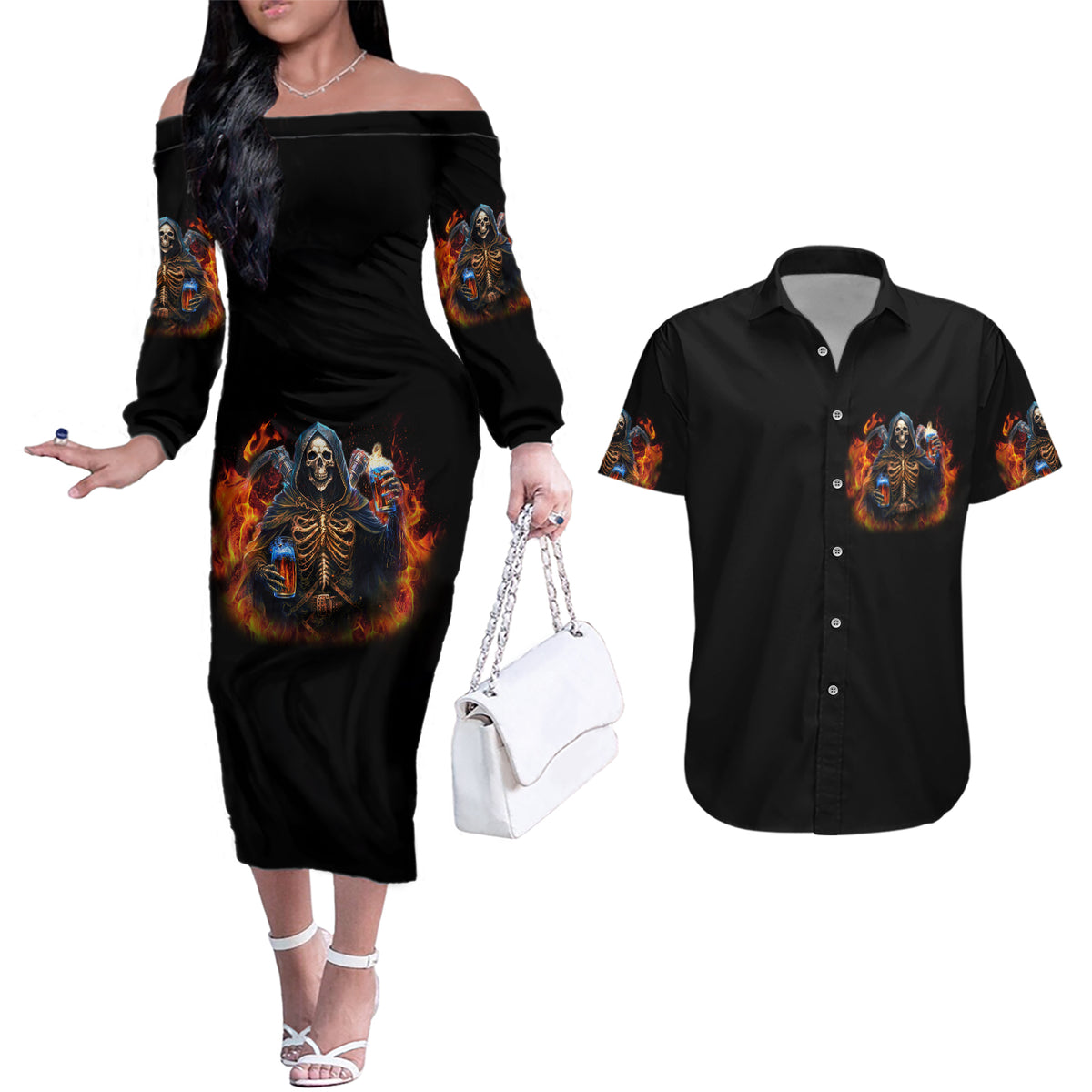Drink With You Again Reaper Couples Matching Off The Shoulder Long Sleeve Dress and Hawaiian Shirt - Wonder Print Shop