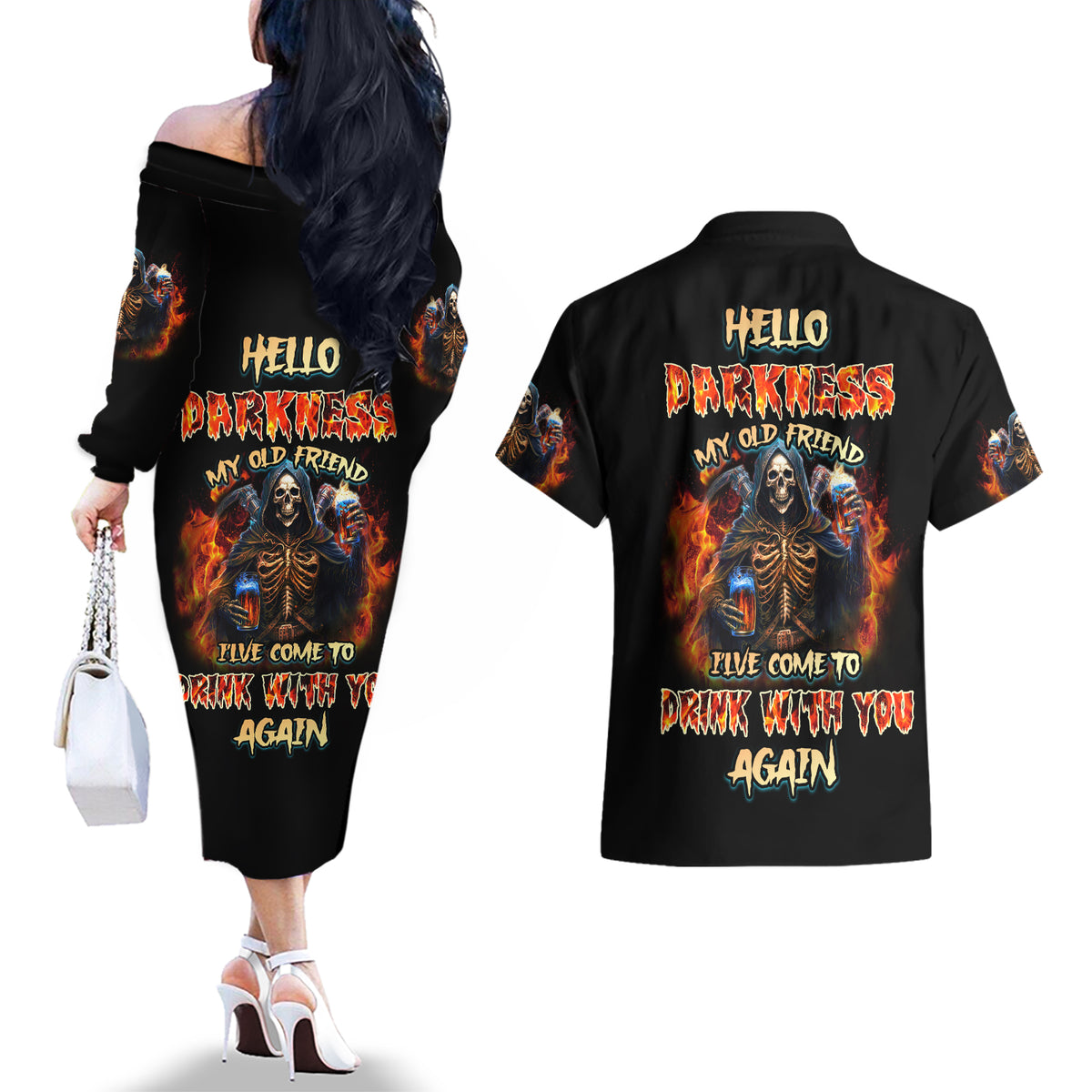 Drink With You Again Reaper Couples Matching Off The Shoulder Long Sleeve Dress and Hawaiian Shirt - Wonder Print Shop
