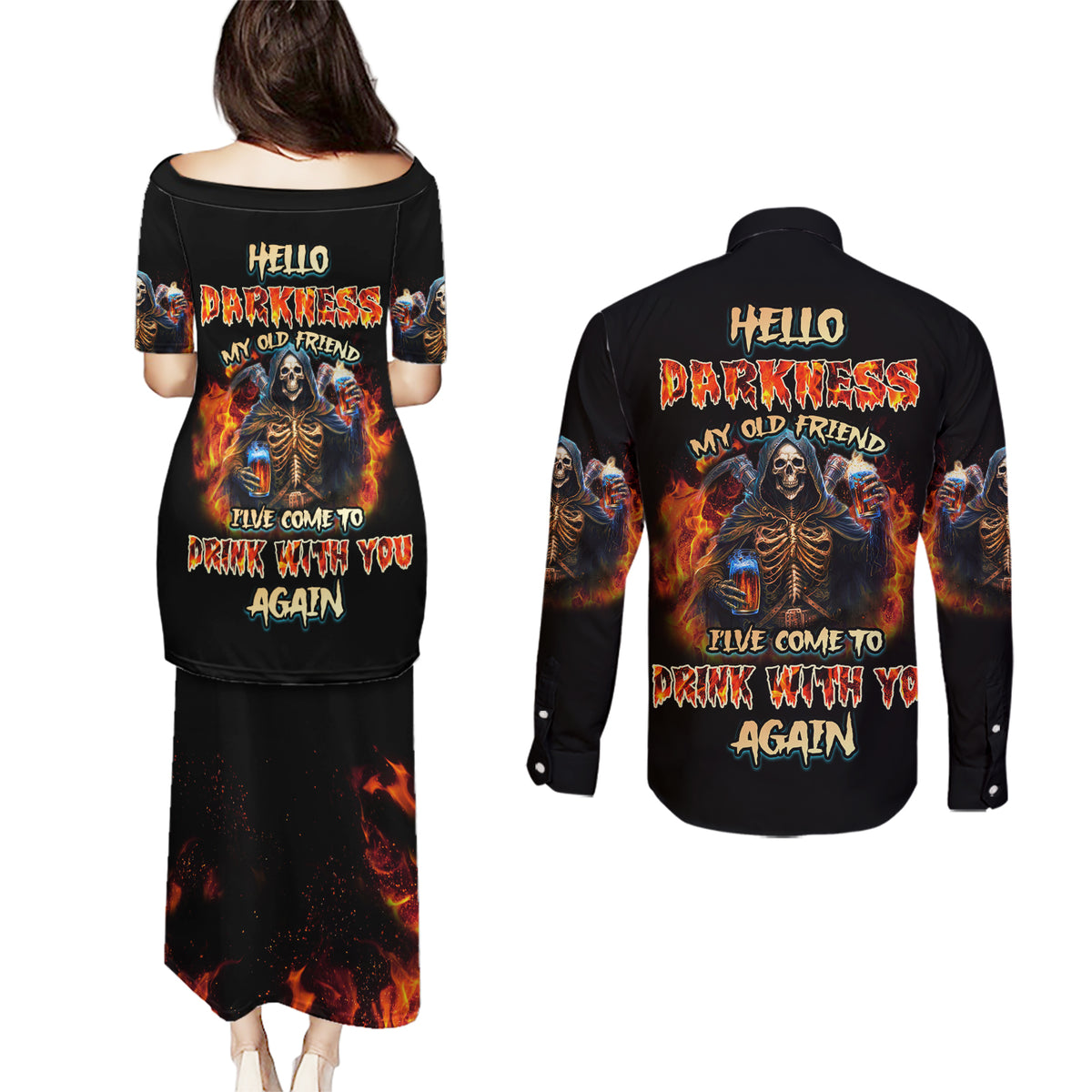 Drink With You Again Reaper Couples Matching Puletasi Dress and Long Sleeve Button Shirt - Wonder Print Shop