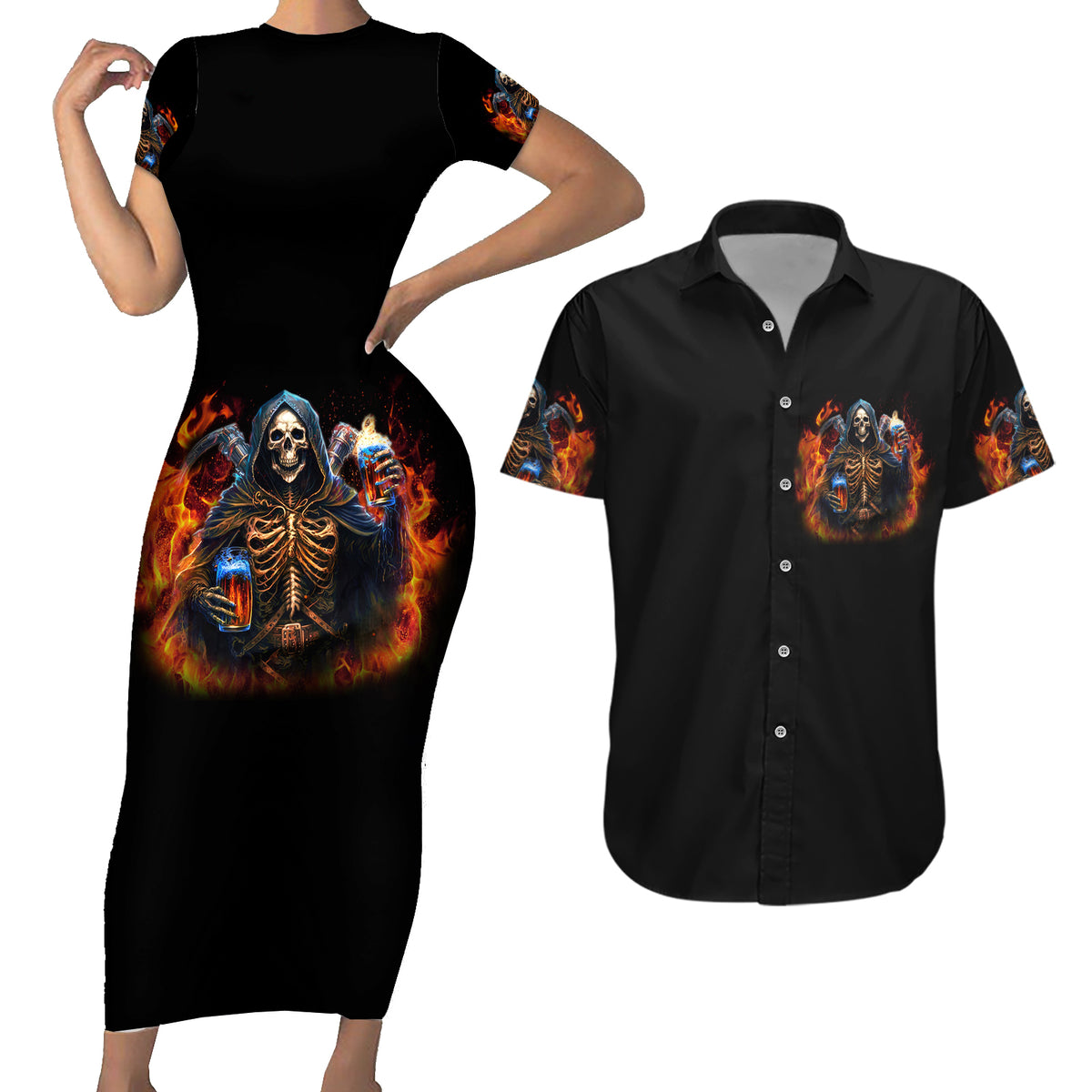 Drink With You Again Reaper Couples Matching Short Sleeve Bodycon Dress and Hawaiian Shirt - Wonder Print Shop