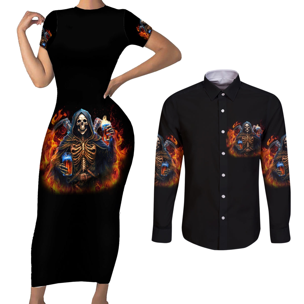 Drink With You Again Reaper Couples Matching Short Sleeve Bodycon Dress and Long Sleeve Button Shirt - Wonder Print Shop