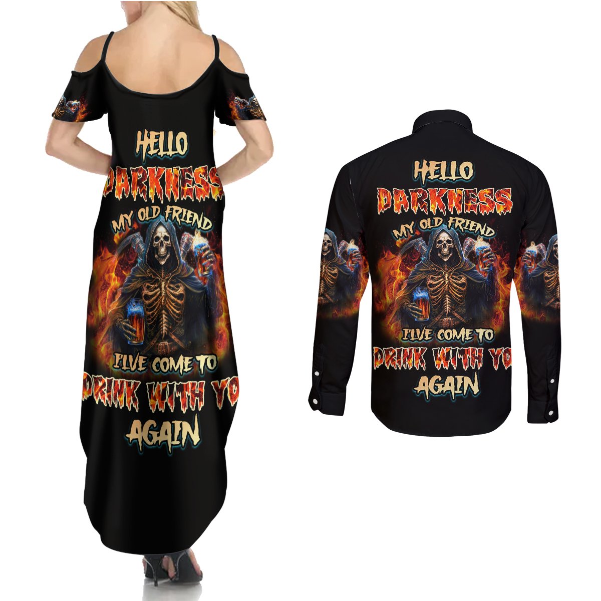 Drink With You Again Reaper Couples Matching Summer Maxi Dress and Long Sleeve Button Shirt - Wonder Print Shop