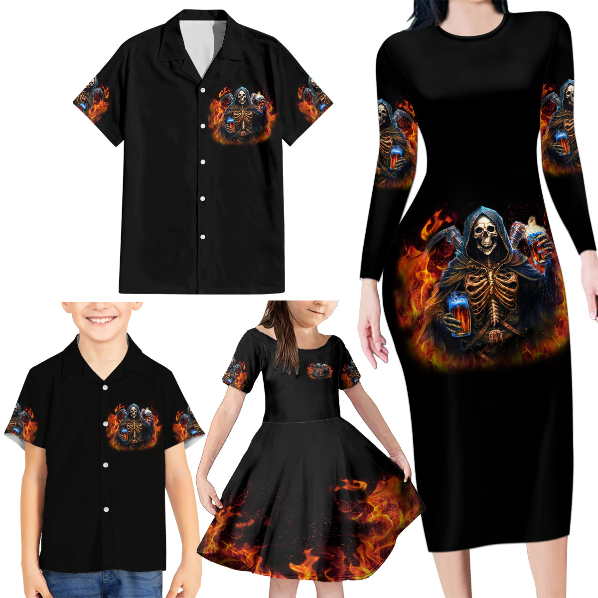 Drink With You Again Reaper Family Matching Long Sleeve Bodycon Dress and Hawaiian Shirt - Wonder Print Shop