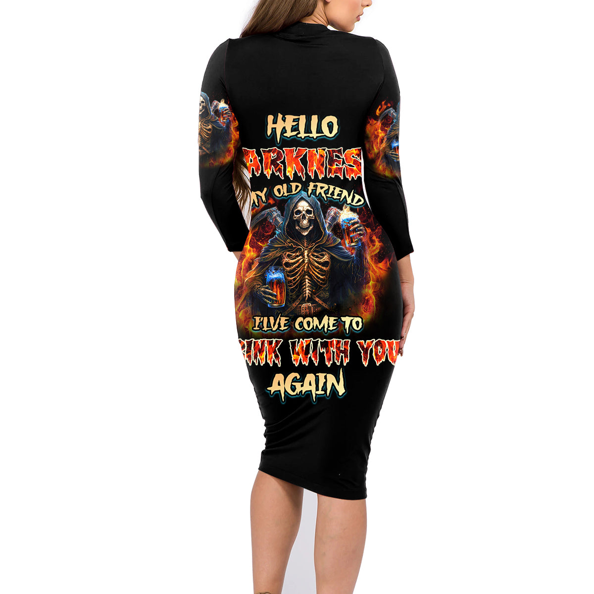 Drink With You Again Reaper Family Matching Long Sleeve Bodycon Dress and Hawaiian Shirt - Wonder Print Shop