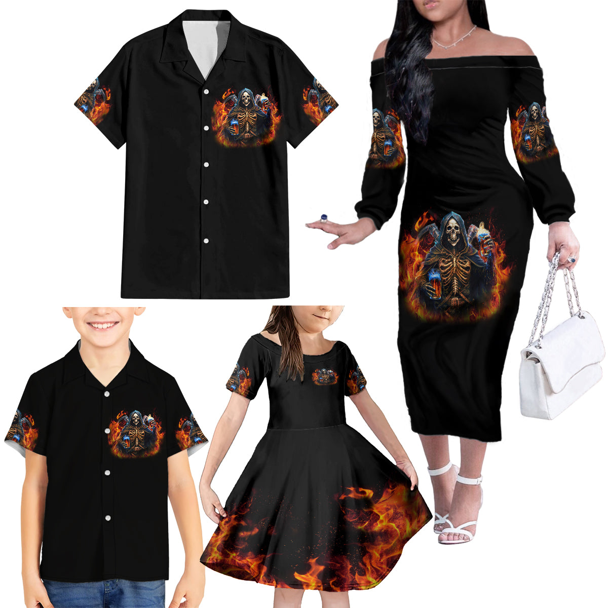 Drink With You Again Reaper Family Matching Off Shoulder Long Sleeve Dress and Hawaiian Shirt - Wonder Print Shop
