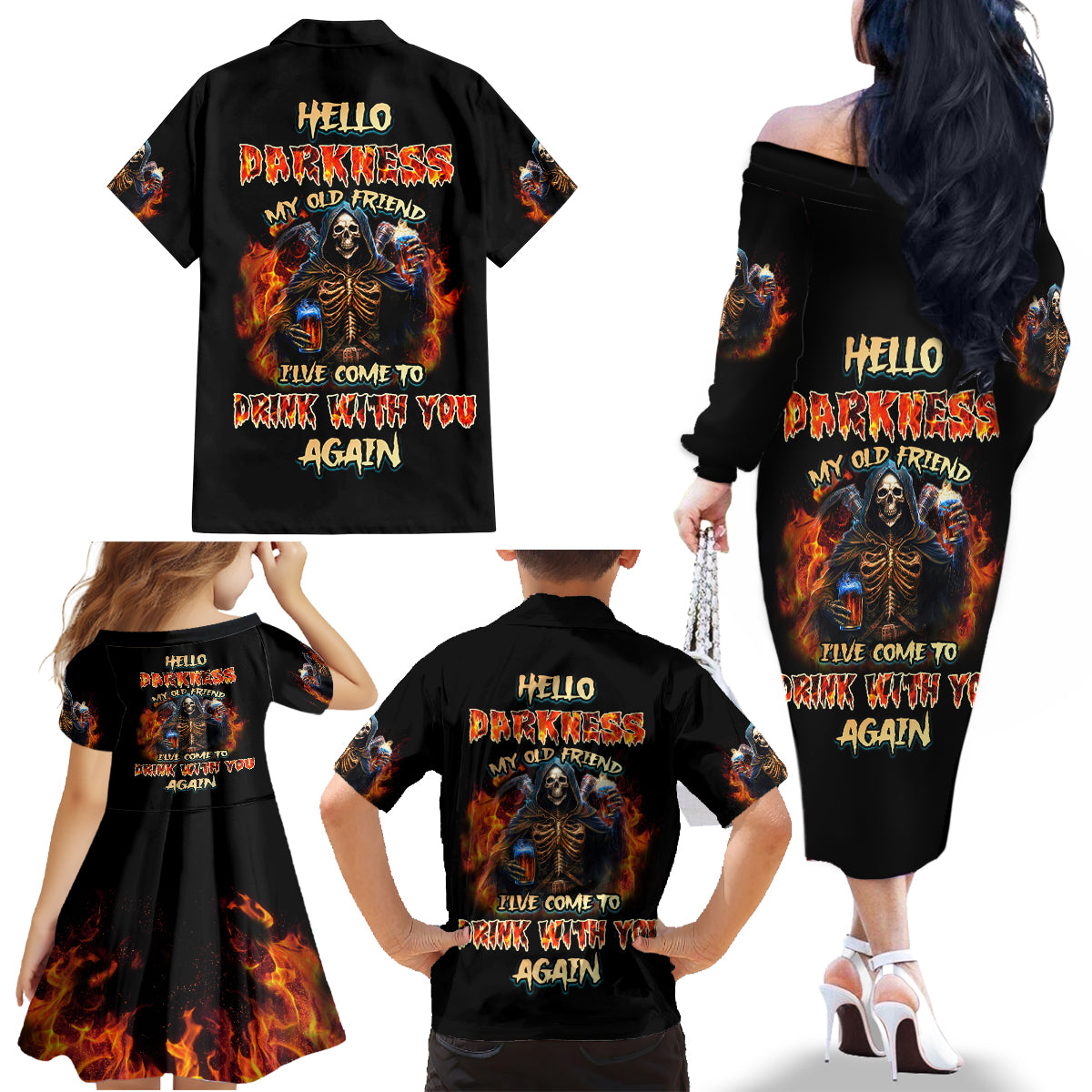 Drink With You Again Reaper Family Matching Off Shoulder Long Sleeve Dress and Hawaiian Shirt - Wonder Print Shop