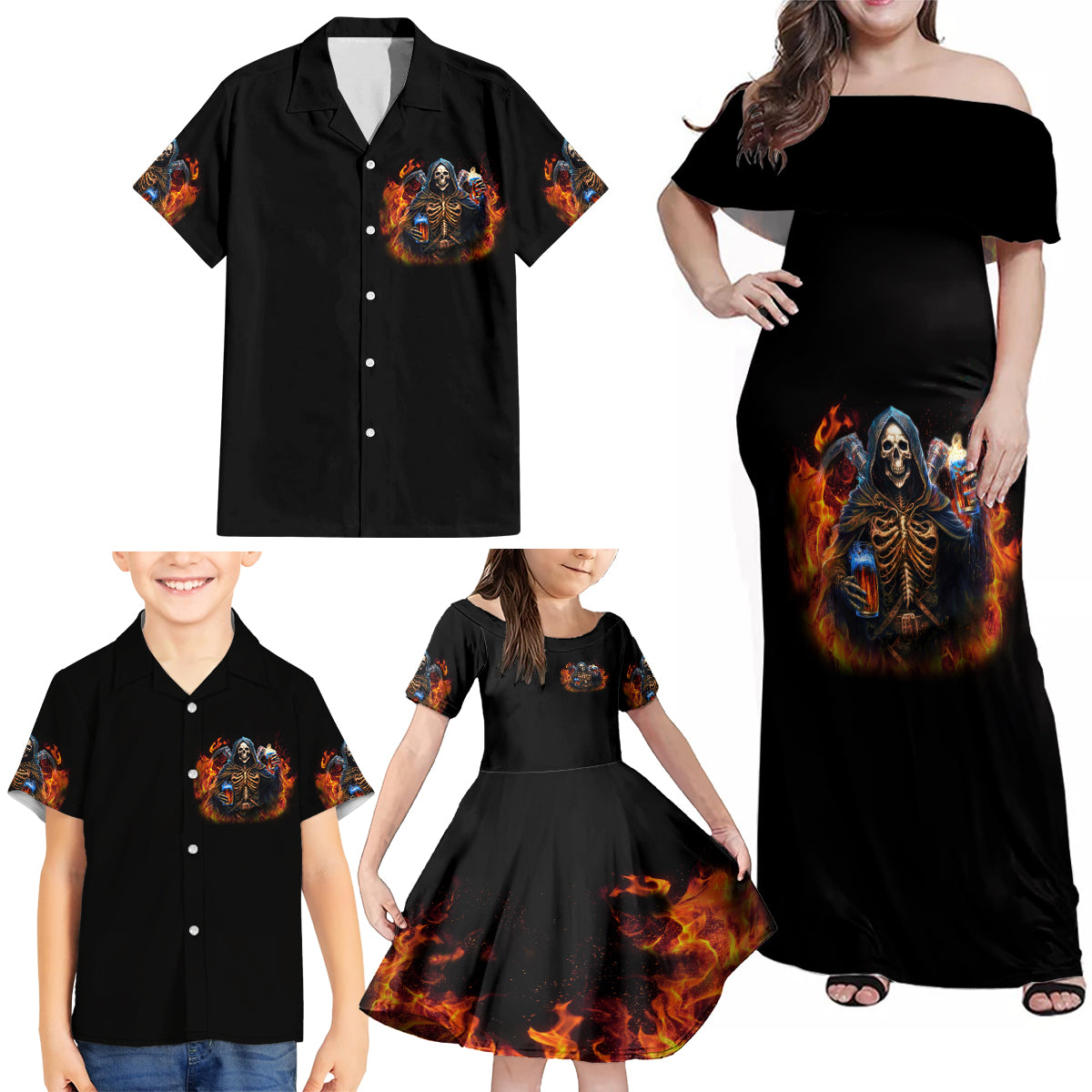 Drink With You Again Reaper Family Matching Off Shoulder Maxi Dress and Hawaiian Shirt - Wonder Print Shop