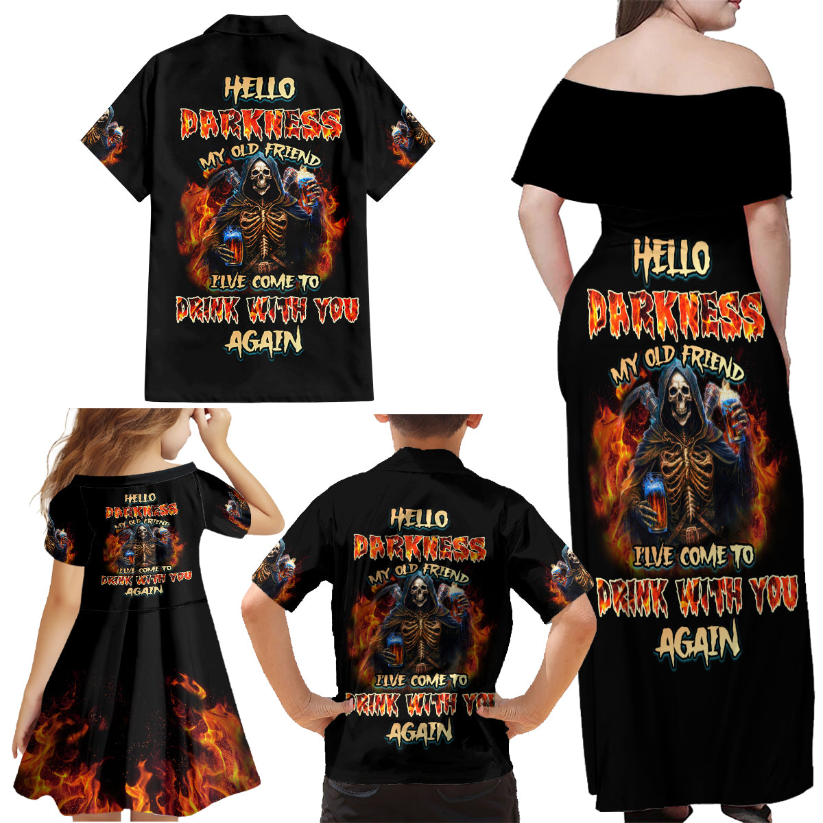 Drink With You Again Reaper Family Matching Off Shoulder Maxi Dress and Hawaiian Shirt - Wonder Print Shop