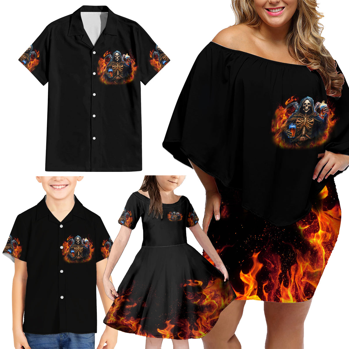 Drink With You Again Reaper Family Matching Off Shoulder Short Dress and Hawaiian Shirt - Wonder Print Shop