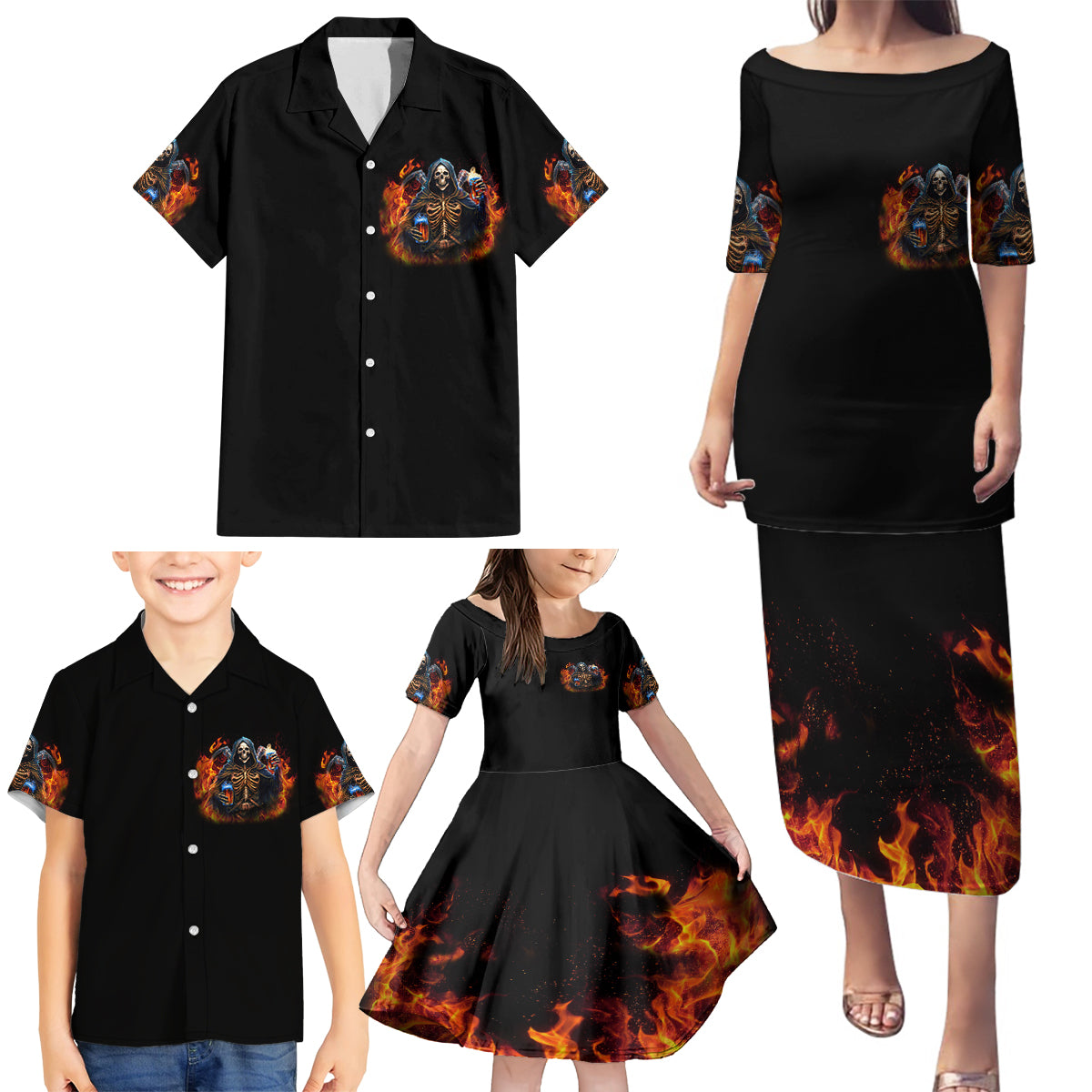 Drink With You Again Reaper Family Matching Puletasi Dress and Hawaiian Shirt - Wonder Print Shop