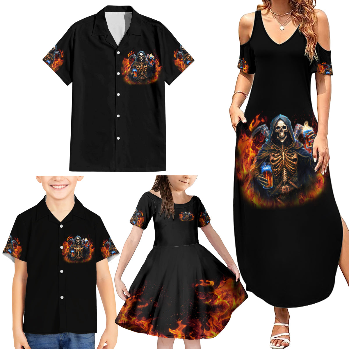 Drink With You Again Reaper Family Matching Summer Maxi Dress and Hawaiian Shirt - Wonder Print Shop
