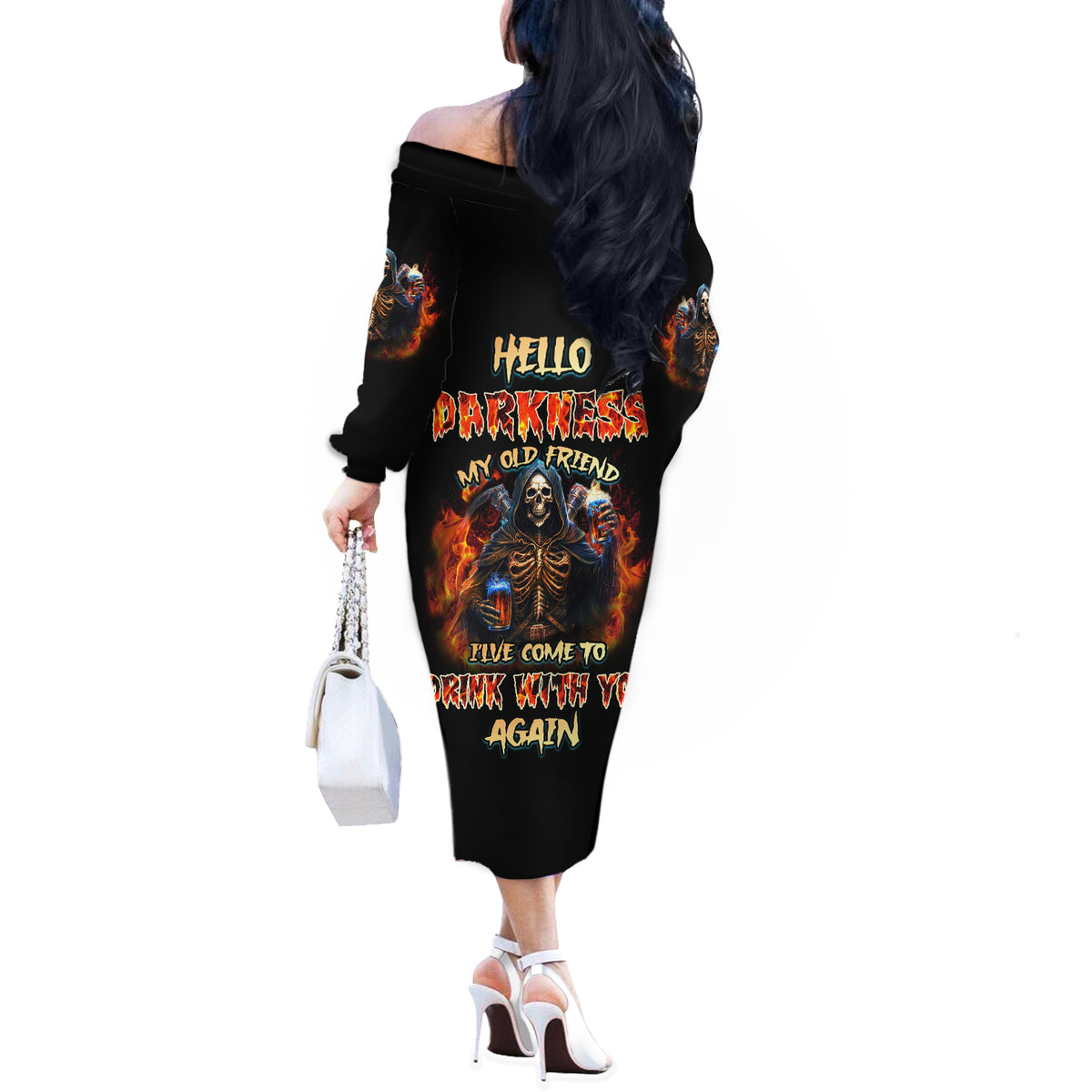 Drink With You Again Reaper Off The Shoulder Long Sleeve Dress - Wonder Print Shop