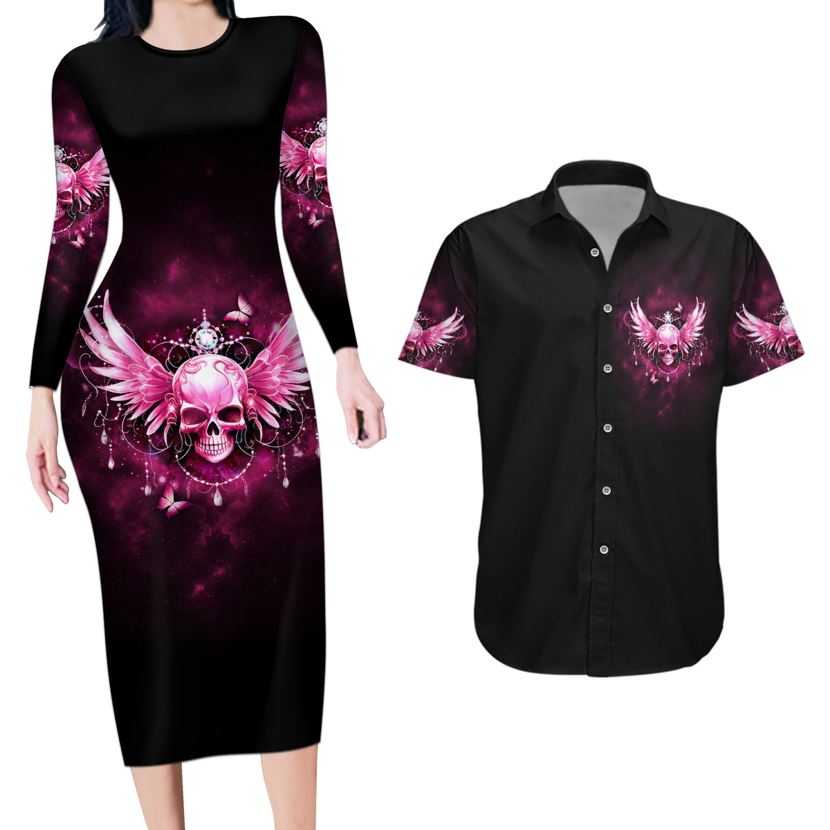 Karma Fairy Skull - In My Next Life Couples Matching Long Sleeve Bodycon Dress and Hawaiian Shirt - Wonder Print Shop