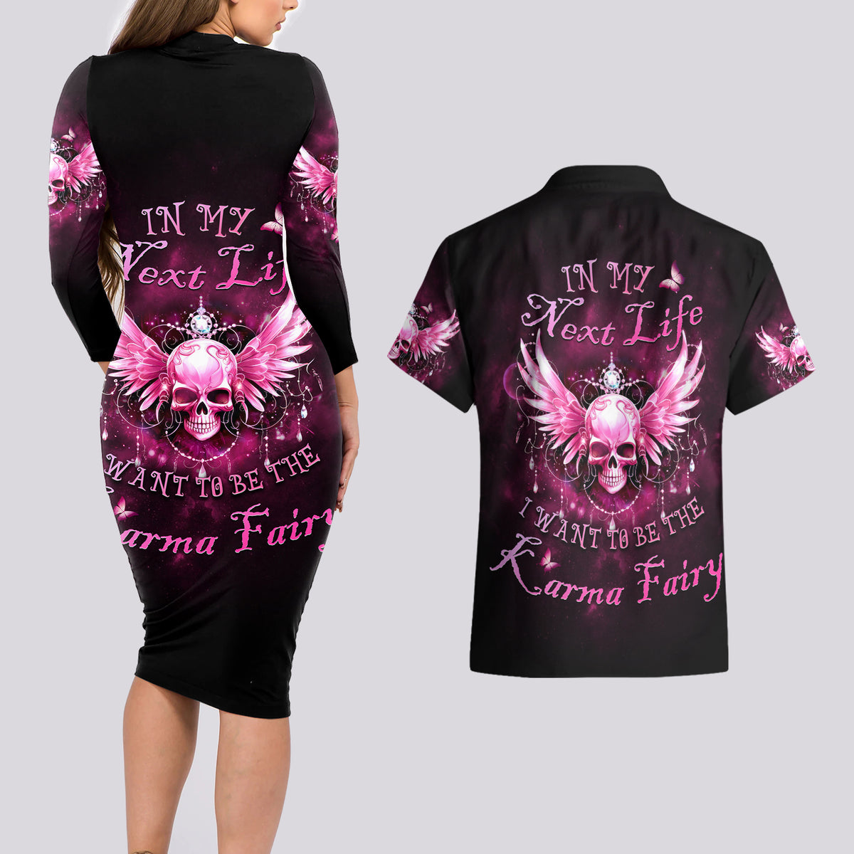 Karma Fairy Skull - In My Next Life Couples Matching Long Sleeve Bodycon Dress and Hawaiian Shirt - Wonder Print Shop