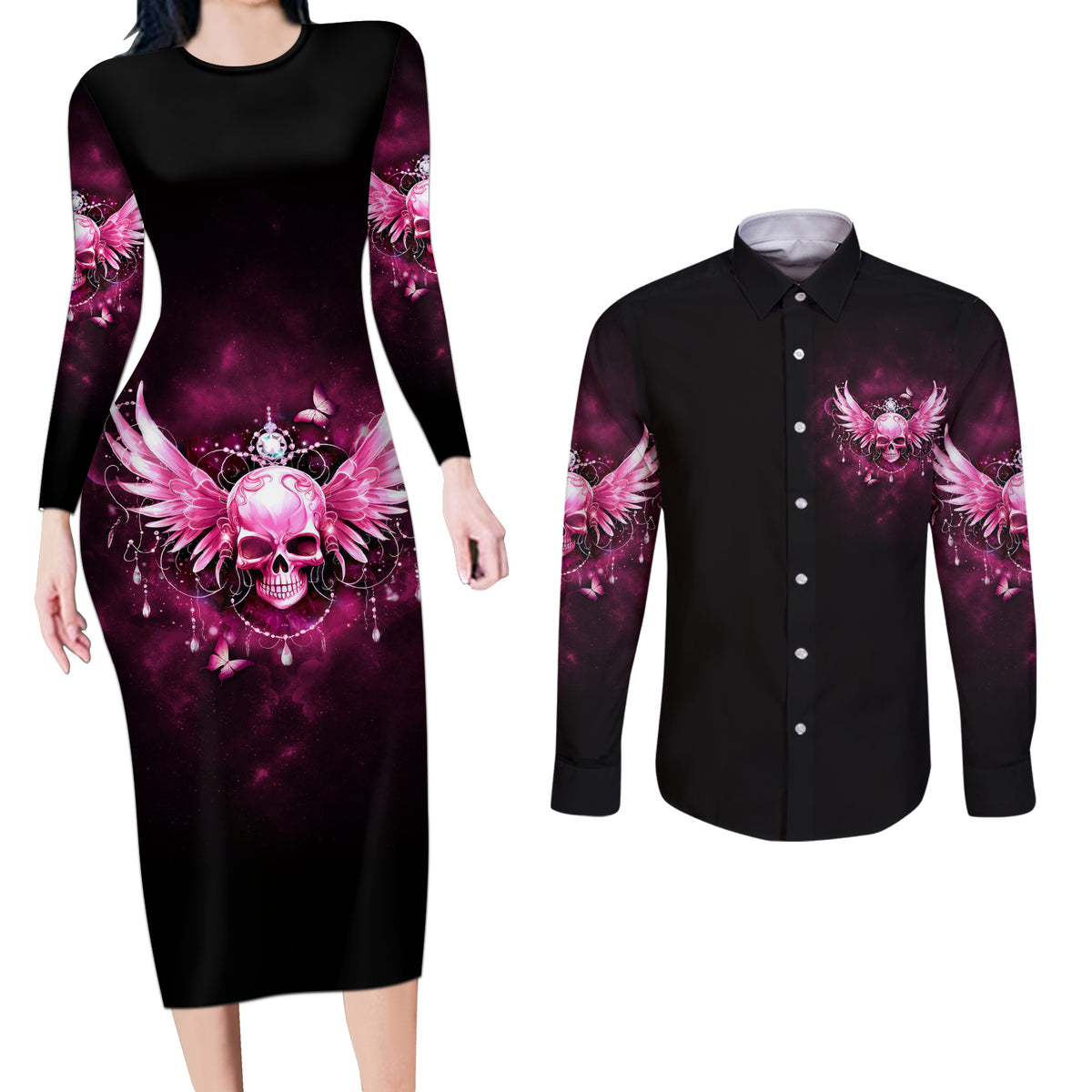 Karma Fairy Skull - In My Next Life Couples Matching Long Sleeve Bodycon Dress and Long Sleeve Button Shirt - Wonder Print Shop