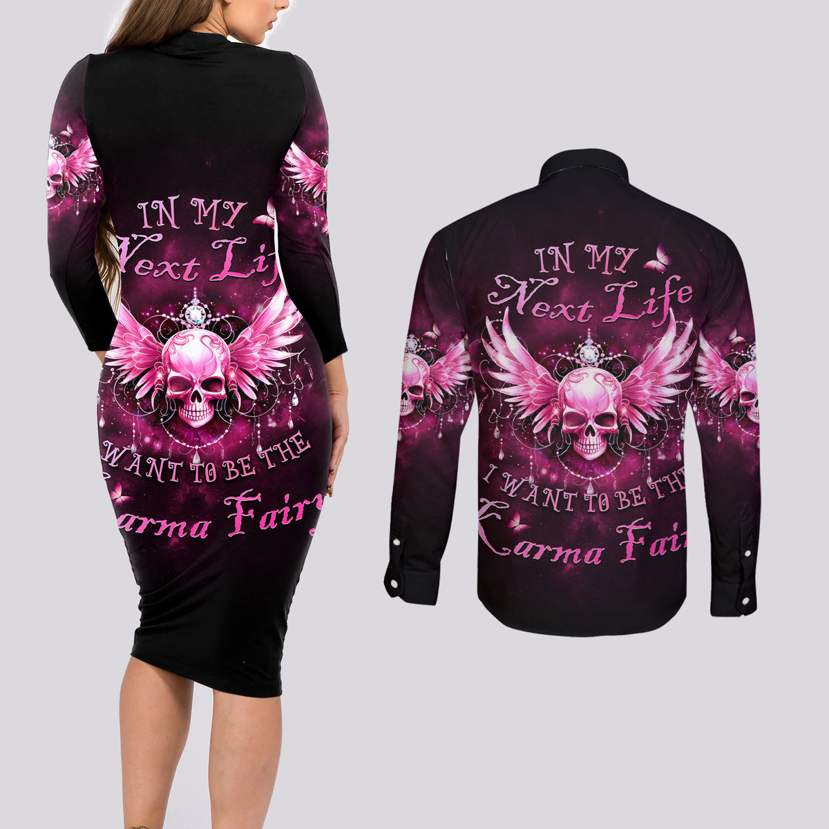 Karma Fairy Skull - In My Next Life Couples Matching Long Sleeve Bodycon Dress and Long Sleeve Button Shirt - Wonder Print Shop
