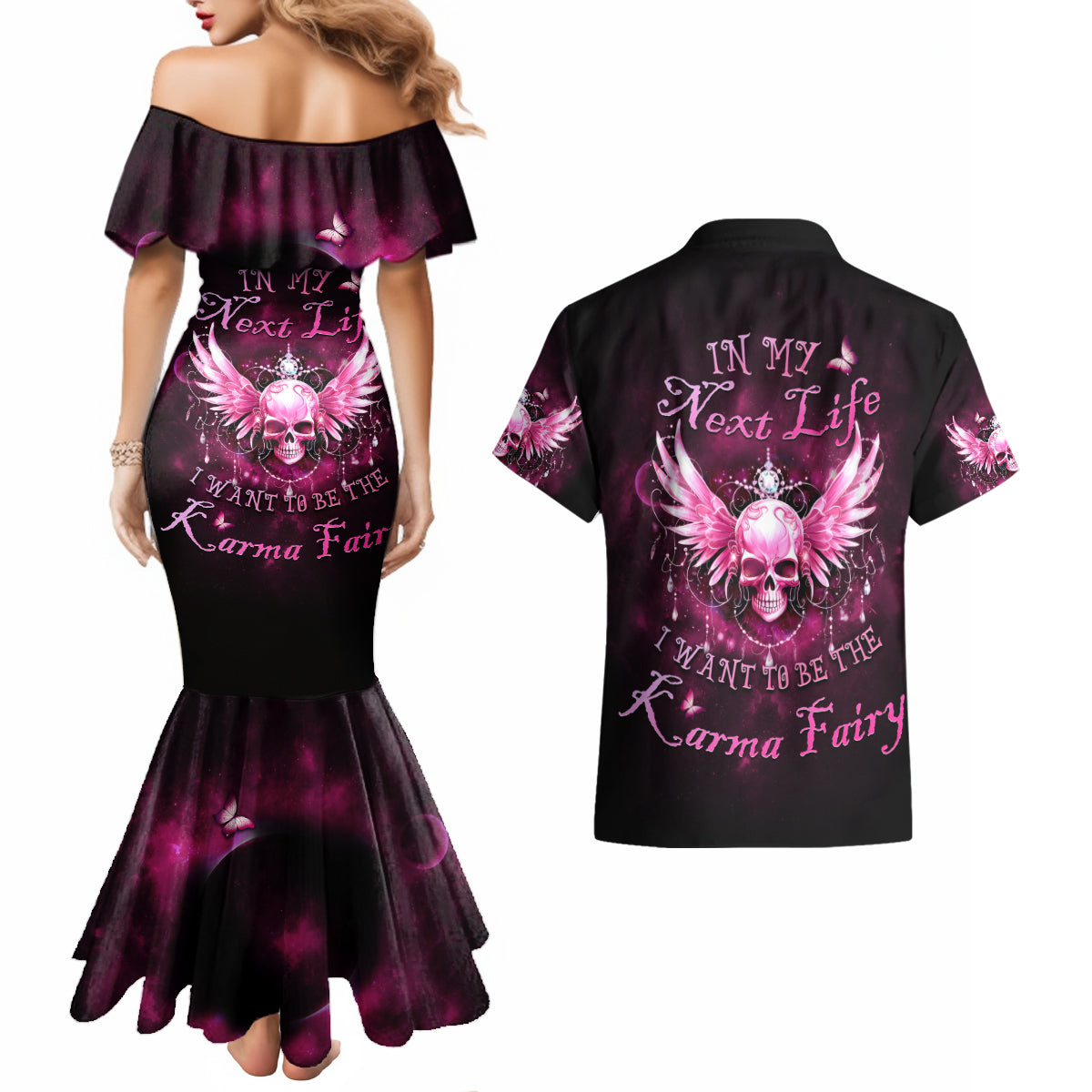 Karma Fairy Skull - In My Next Life Couples Matching Mermaid Dress and Hawaiian Shirt - Wonder Print Shop