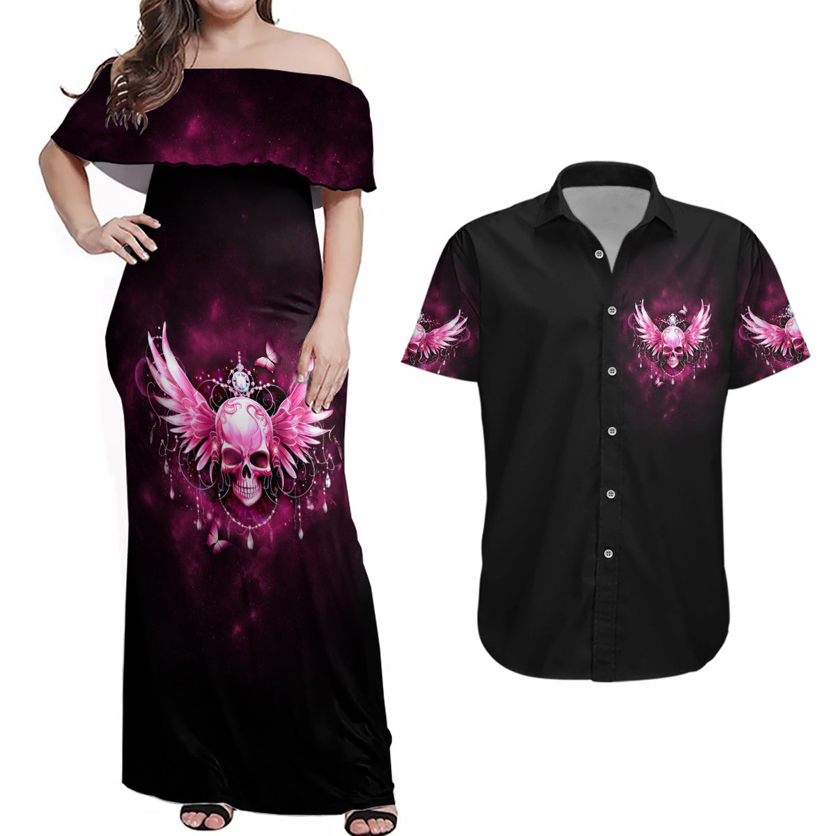 Karma Fairy Skull - In My Next Life Couples Matching Off Shoulder Maxi Dress and Hawaiian Shirt - Wonder Print Shop