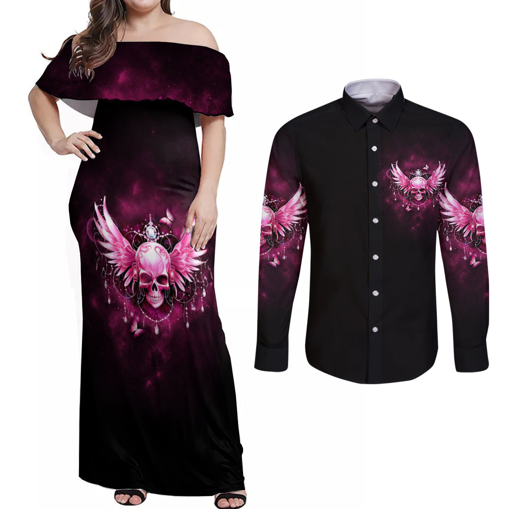 Karma Fairy Skull - In My Next Life Couples Matching Off Shoulder Maxi Dress and Long Sleeve Button Shirt - Wonder Print Shop