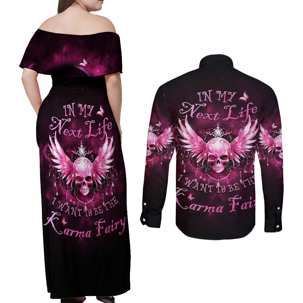 Karma Fairy Skull - In My Next Life Couples Matching Off Shoulder Maxi Dress and Long Sleeve Button Shirt - Wonder Print Shop