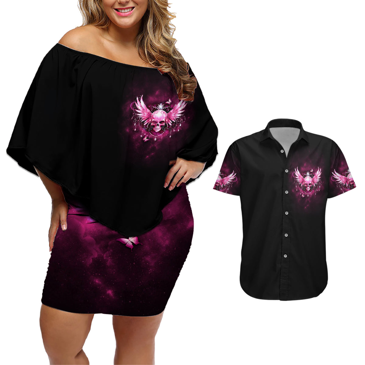 Karma Fairy Skull - In My Next Life Couples Matching Off Shoulder Short Dress and Hawaiian Shirt - Wonder Print Shop