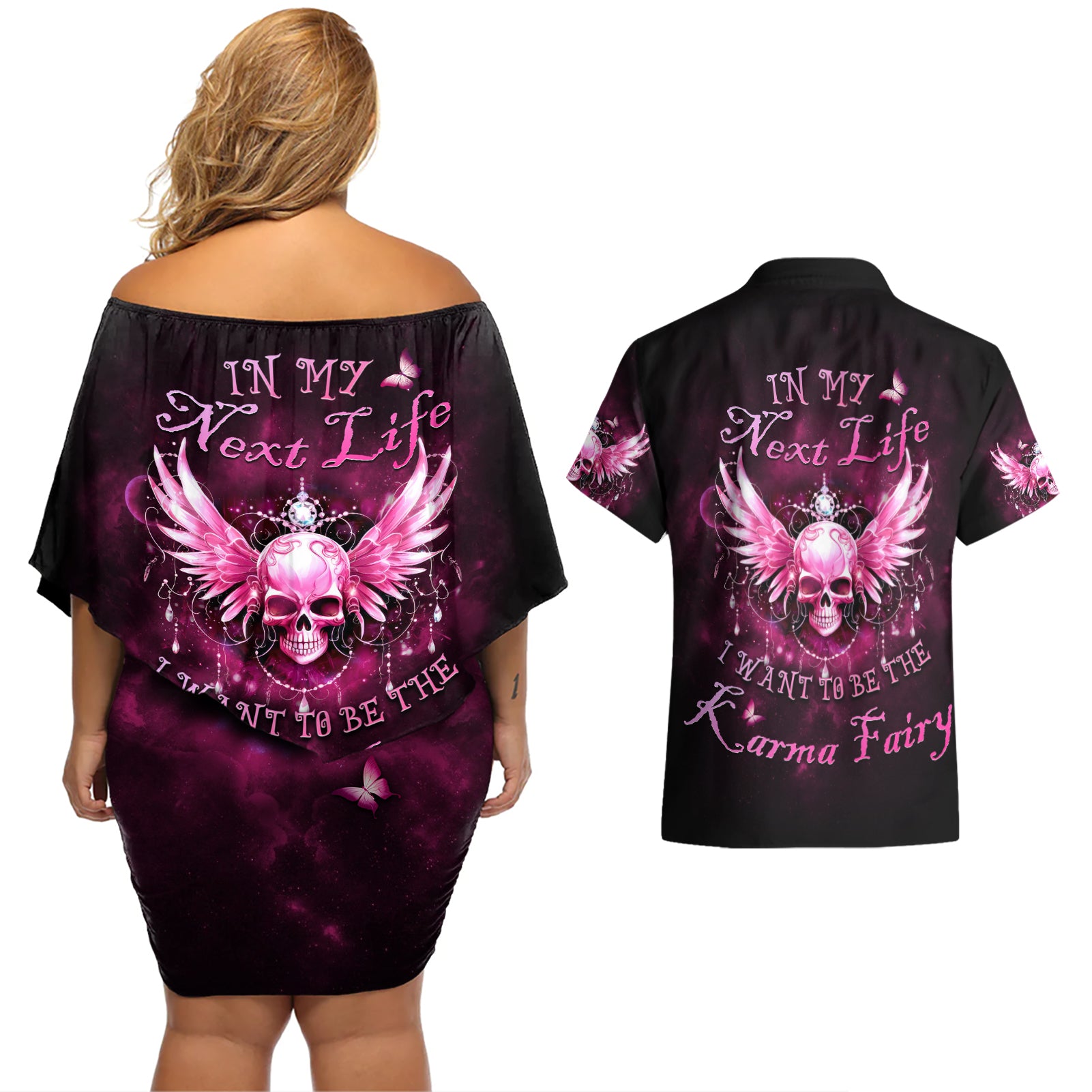 Karma Fairy Skull - In My Next Life Couples Matching Off Shoulder Short Dress and Hawaiian Shirt - Wonder Print Shop