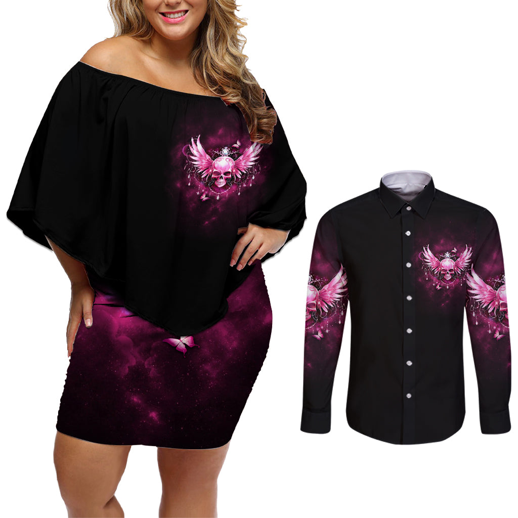 Karma Fairy Skull - In My Next Life Couples Matching Off Shoulder Short Dress and Long Sleeve Button Shirt - Wonder Print Shop