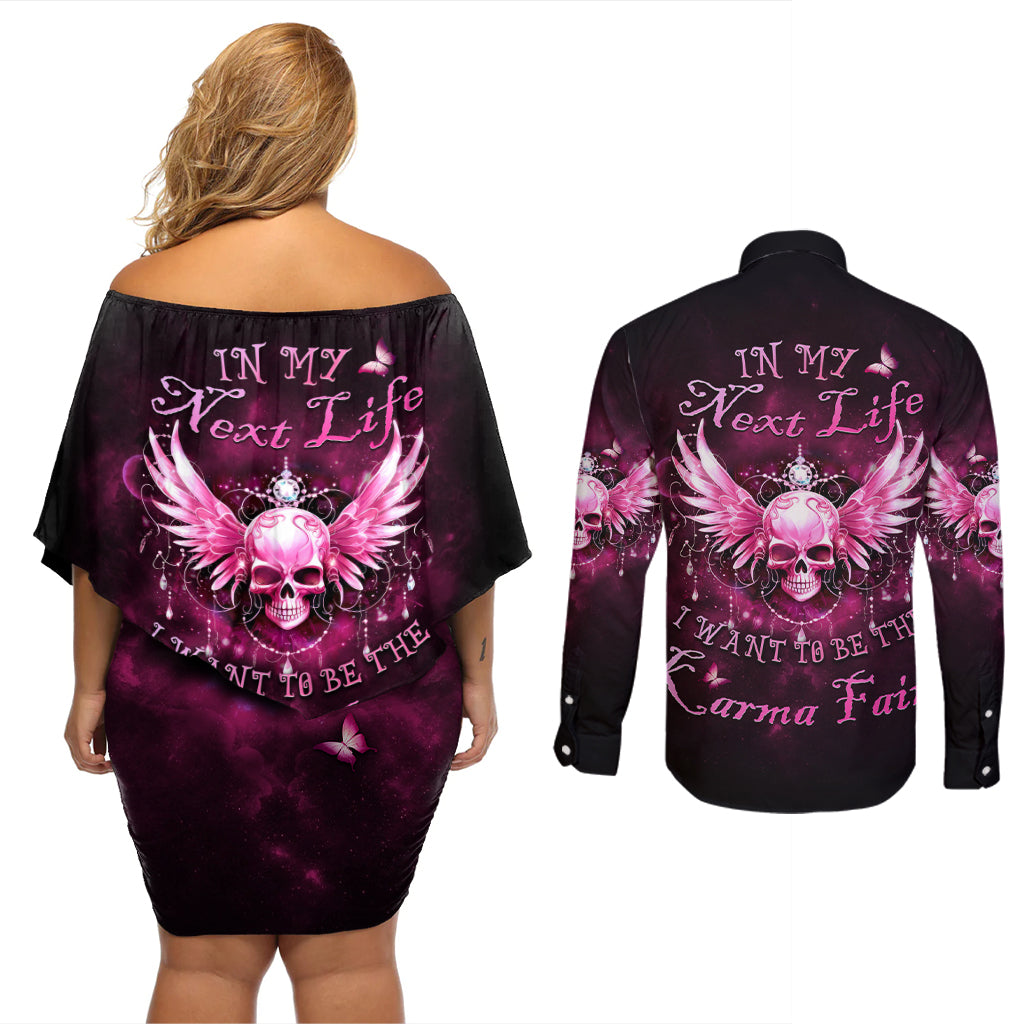 Karma Fairy Skull - In My Next Life Couples Matching Off Shoulder Short Dress and Long Sleeve Button Shirt - Wonder Print Shop