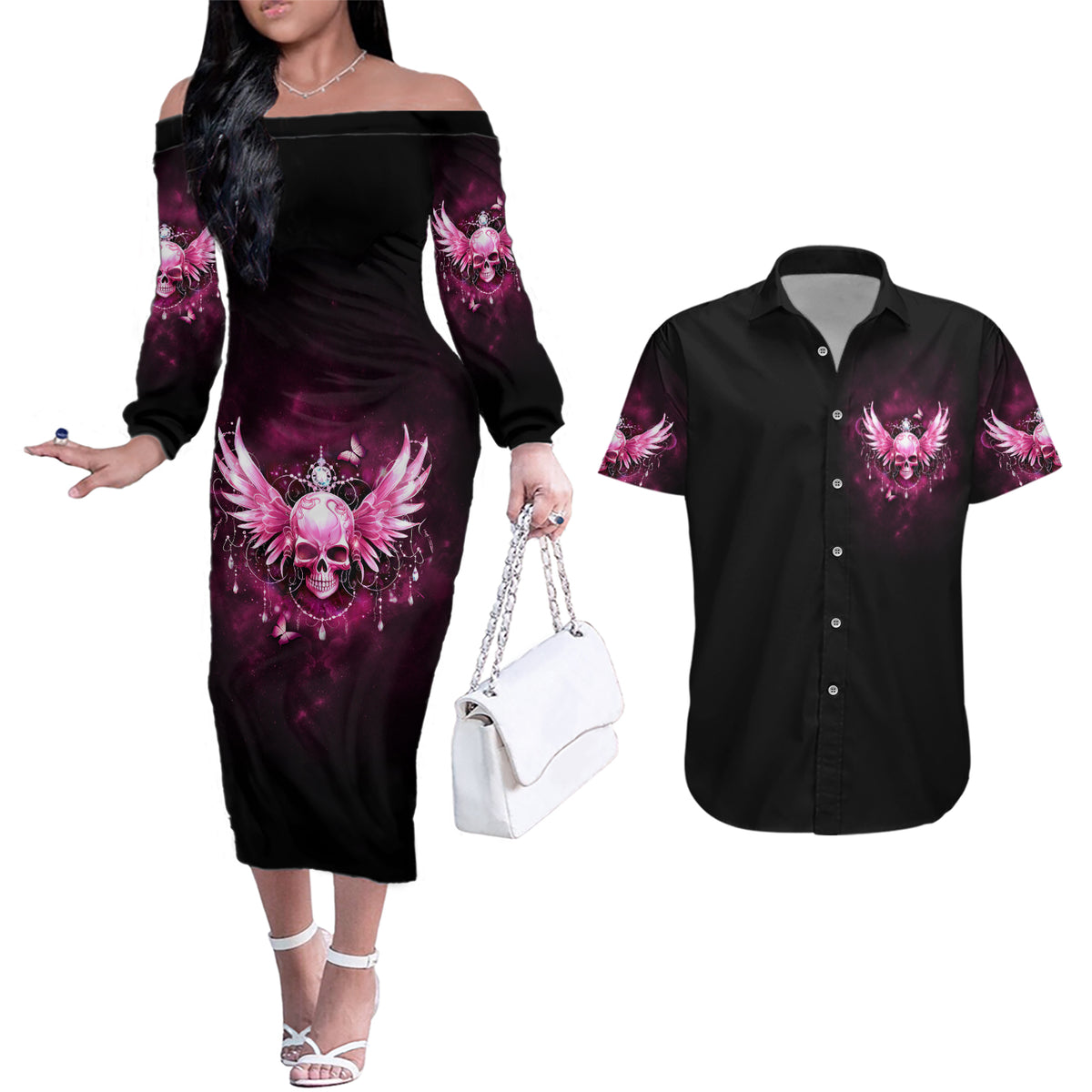 Karma Fairy Skull - In My Next Life Couples Matching Off The Shoulder Long Sleeve Dress and Hawaiian Shirt - Wonder Print Shop