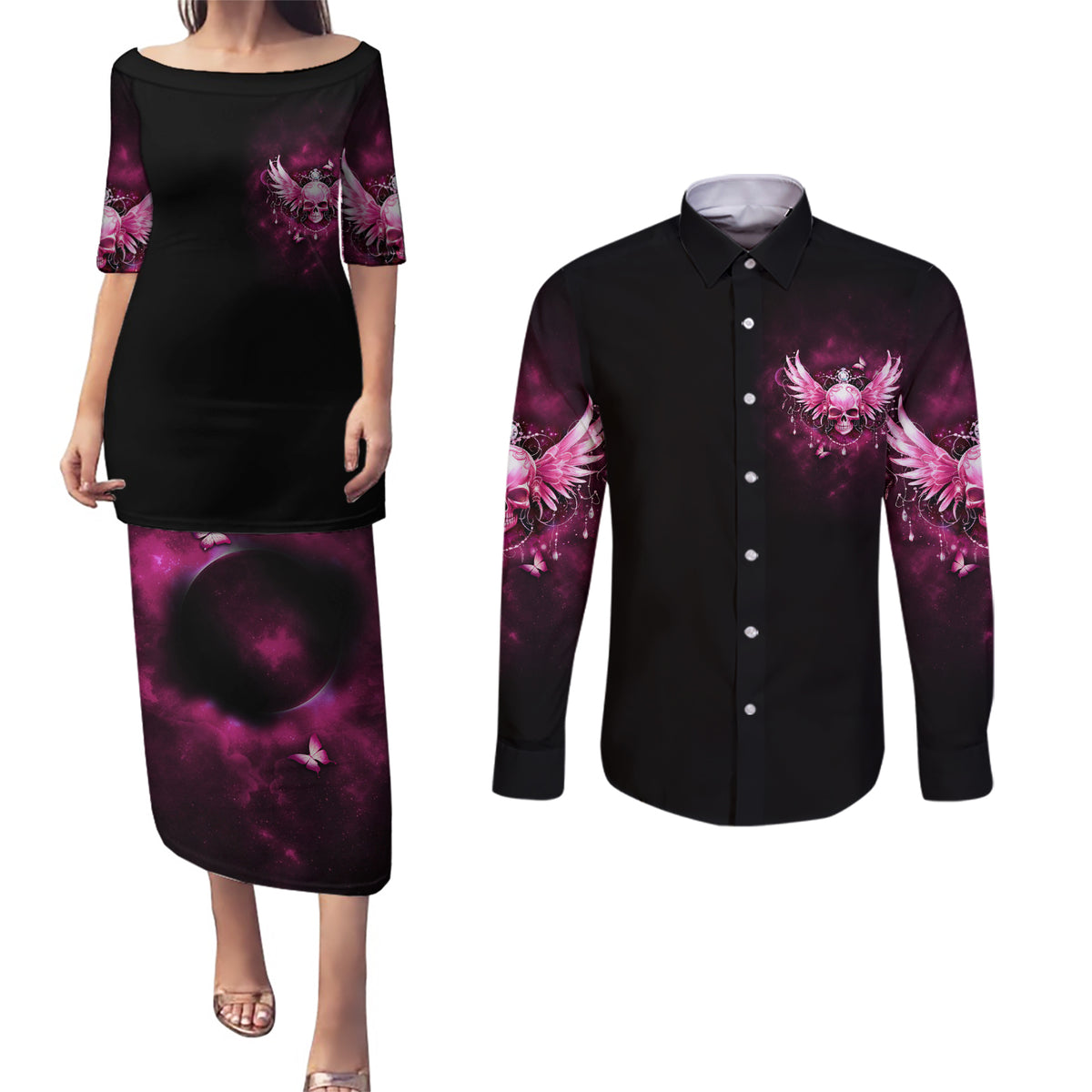 Karma Fairy Skull - In My Next Life Couples Matching Puletasi Dress and Long Sleeve Button Shirt - Wonder Print Shop