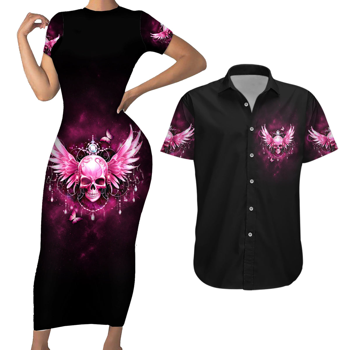 Karma Fairy Skull - In My Next Life Couples Matching Short Sleeve Bodycon Dress and Hawaiian Shirt - Wonder Print Shop