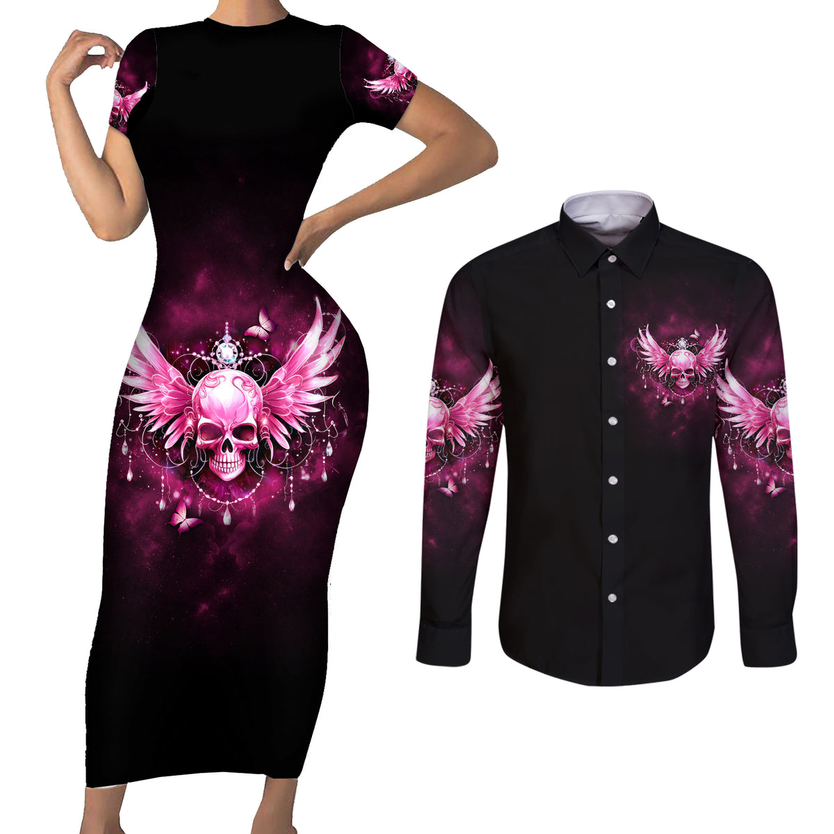 Karma Fairy Skull - In My Next Life Couples Matching Short Sleeve Bodycon Dress and Long Sleeve Button Shirt - Wonder Print Shop