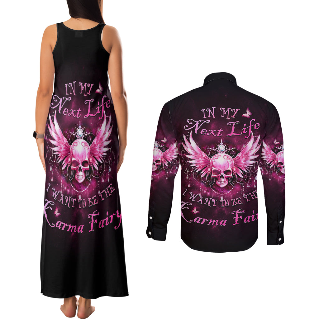 Karma Fairy Skull - In My Next Life Couples Matching Tank Maxi Dress and Long Sleeve Button Shirt - Wonder Print Shop