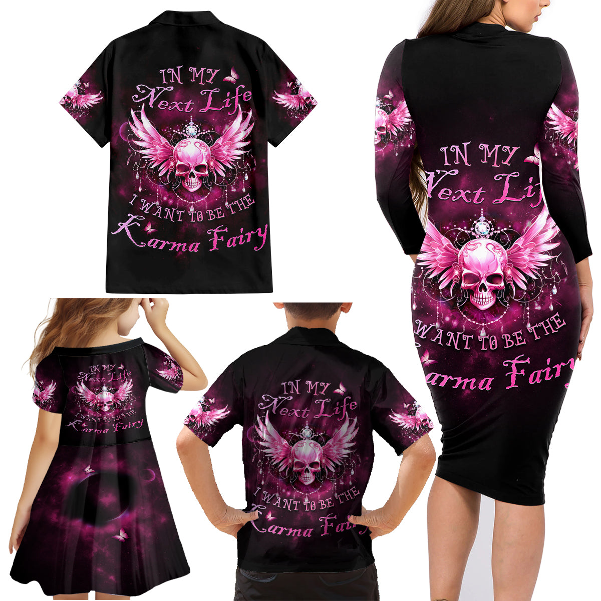 Karma Fairy Skull - In My Next Life Family Matching Long Sleeve Bodycon Dress and Hawaiian Shirt - Wonder Print Shop
