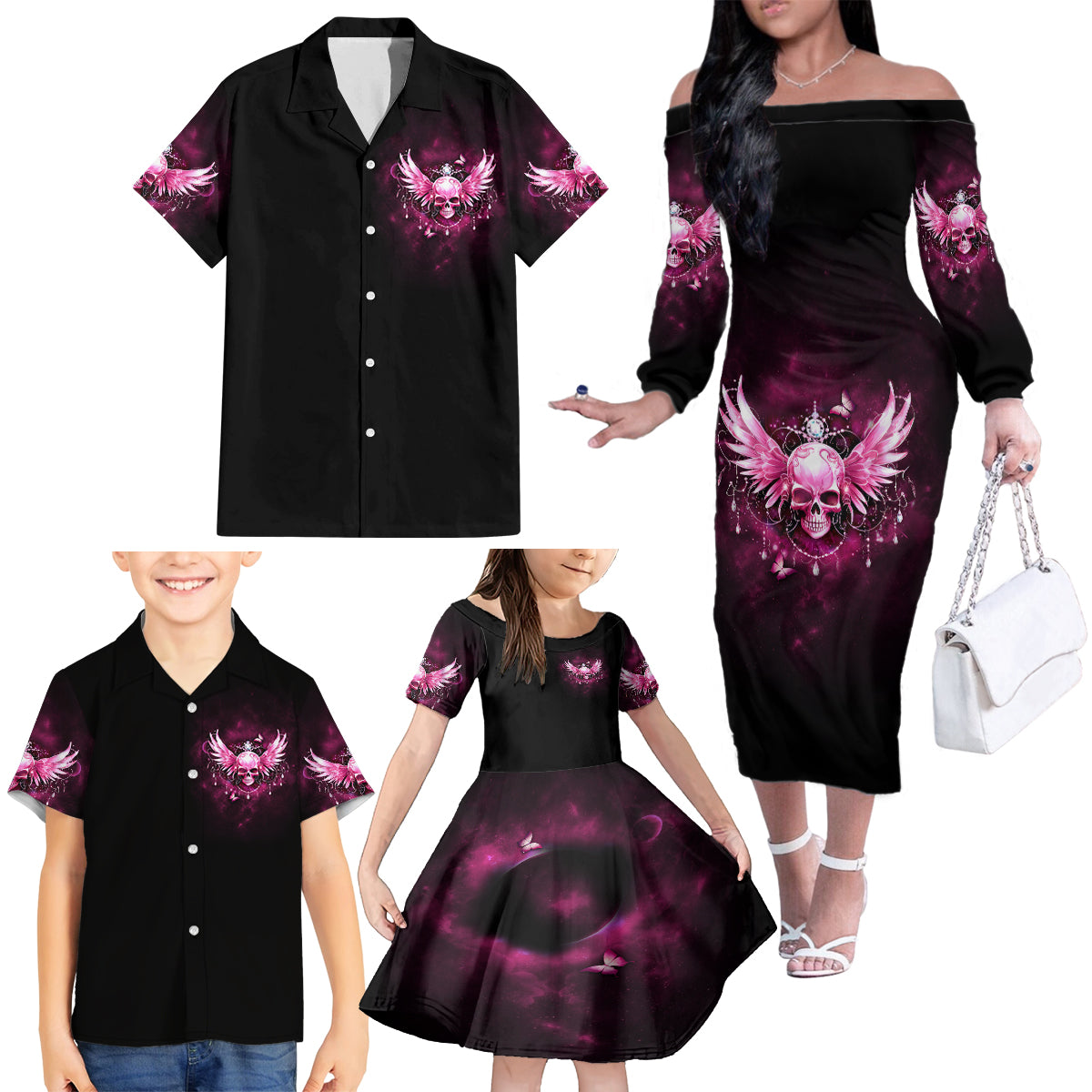 Karma Fairy Skull - In My Next Life Family Matching Off Shoulder Long Sleeve Dress and Hawaiian Shirt - Wonder Print Shop