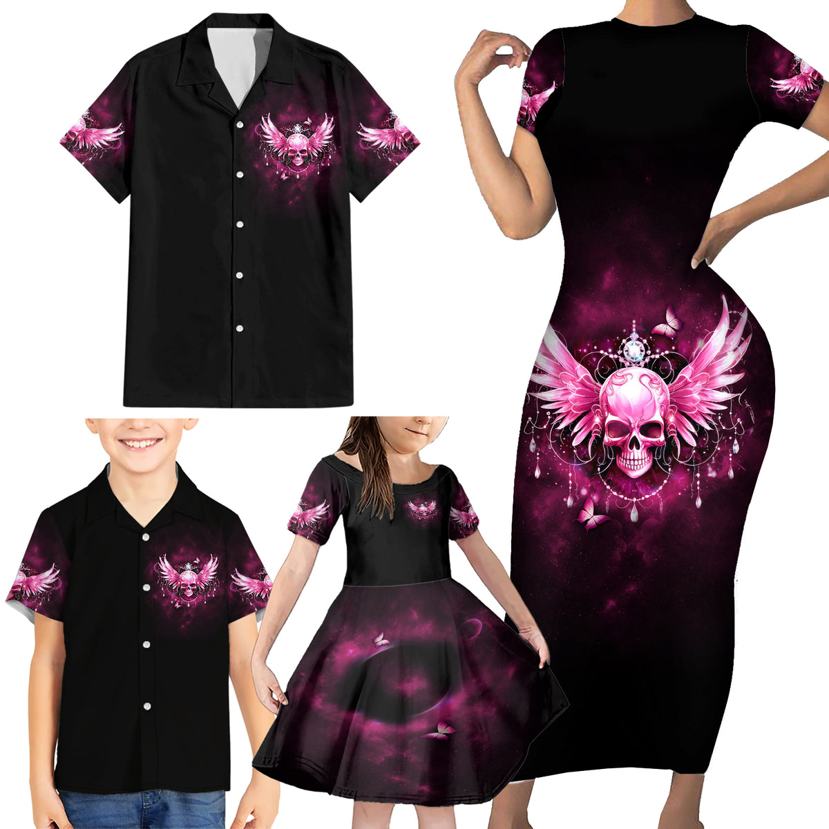 Karma Fairy Skull - In My Next Life Family Matching Short Sleeve Bodycon Dress and Hawaiian Shirt - Wonder Print Shop