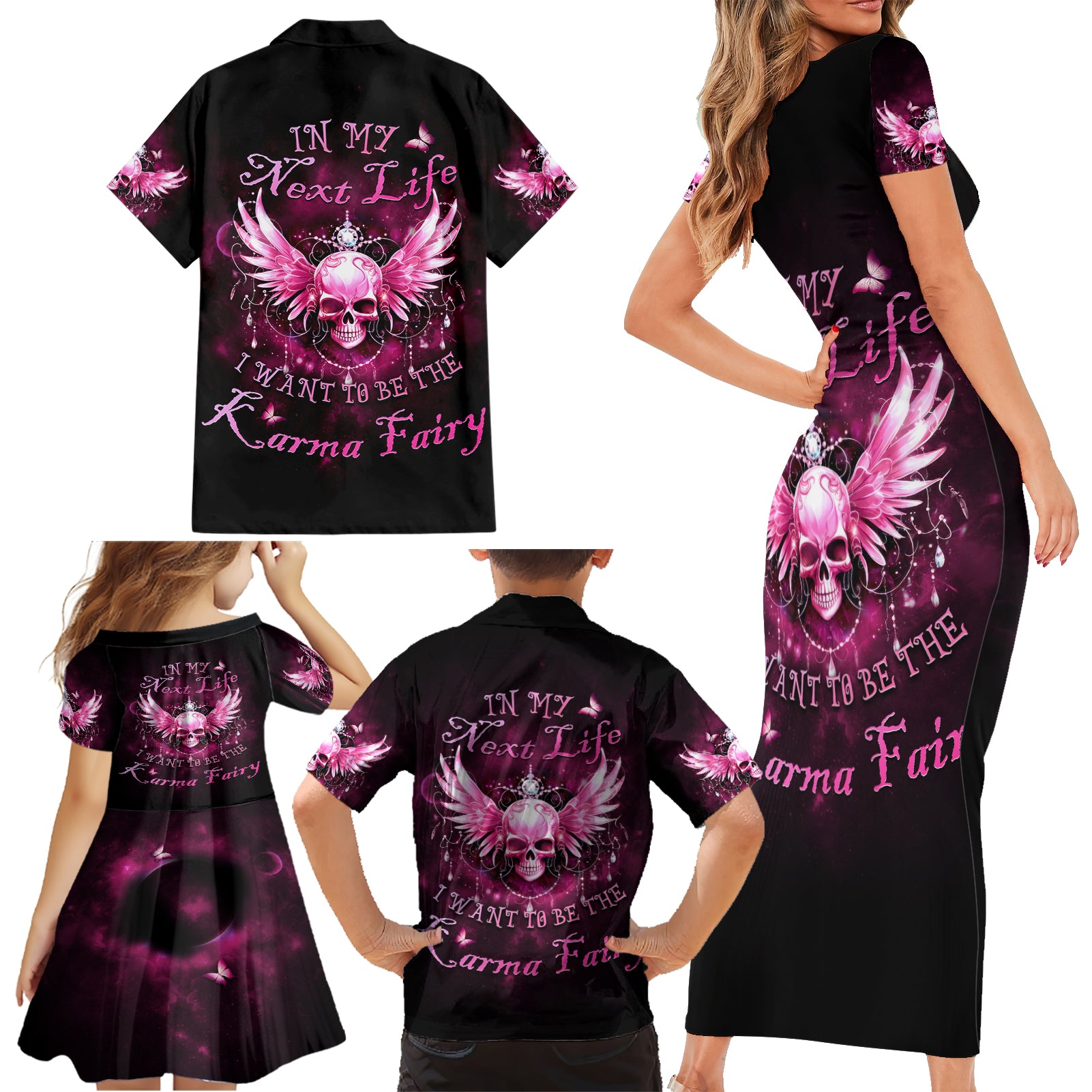 Karma Fairy Skull - In My Next Life Family Matching Short Sleeve Bodycon Dress and Hawaiian Shirt - Wonder Print Shop