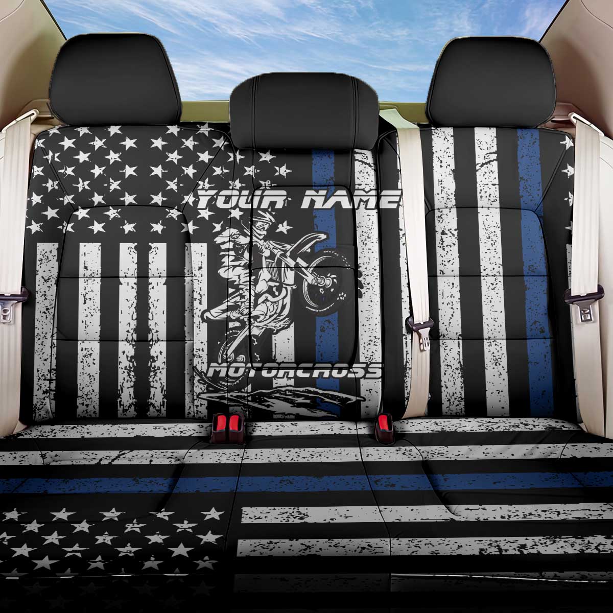 Personalized Motocross Rider Back Car Seat Cover with Splash Pattern and Dirt Bike Jump Illustration - Wonder Print Shop