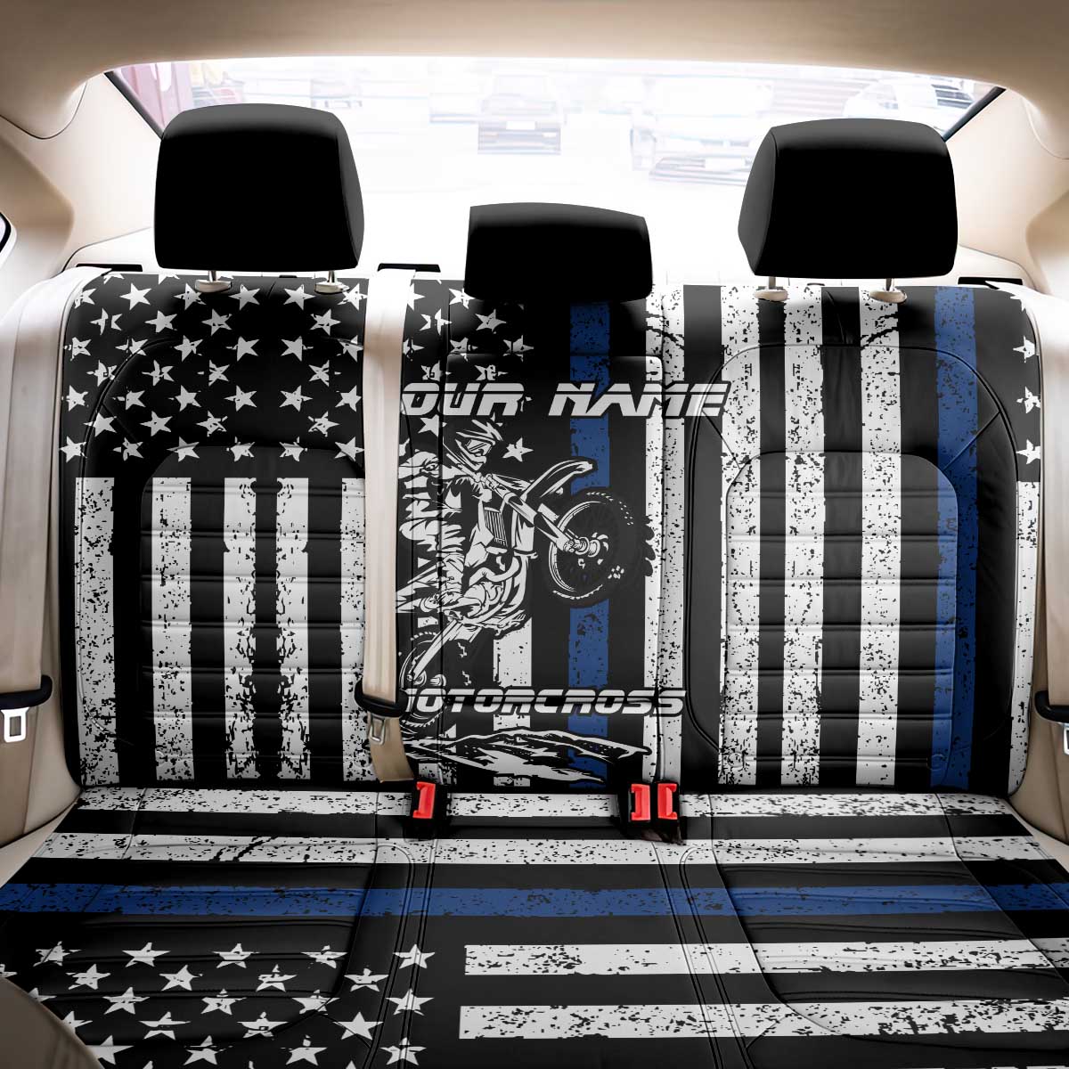 Personalized Motocross Rider Back Car Seat Cover with Splash Pattern and Dirt Bike Jump Illustration - Wonder Print Shop
