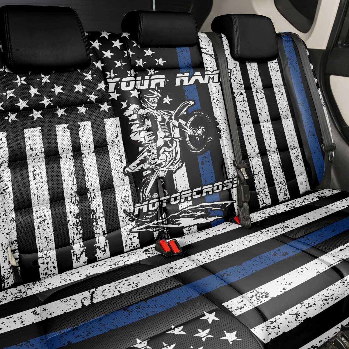 Personalized Motocross Rider Back Car Seat Cover with Splash Pattern and Dirt Bike Jump Illustration - Wonder Print Shop