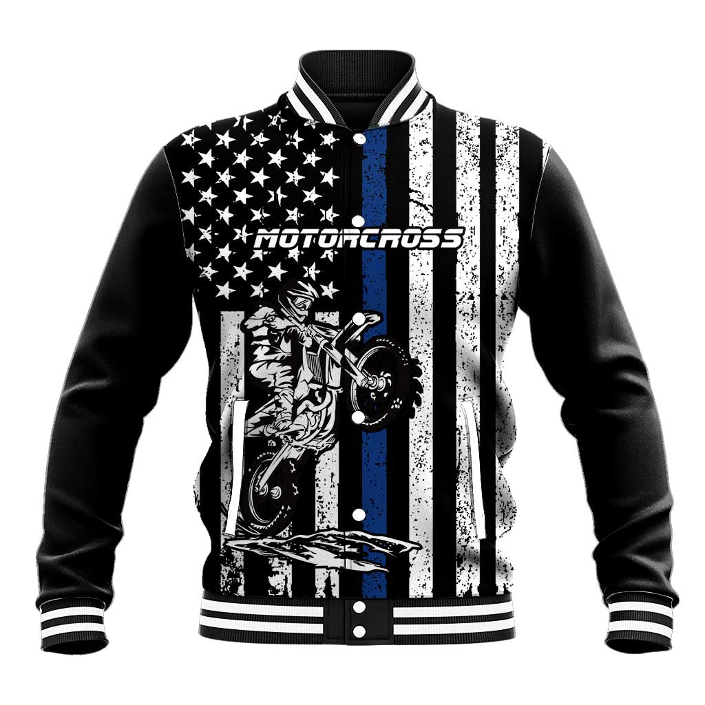 Personalized Motocross Rider Baseball Jacket with Splash Pattern and Dirt Bike Jump Illustration - Wonder Print Shop