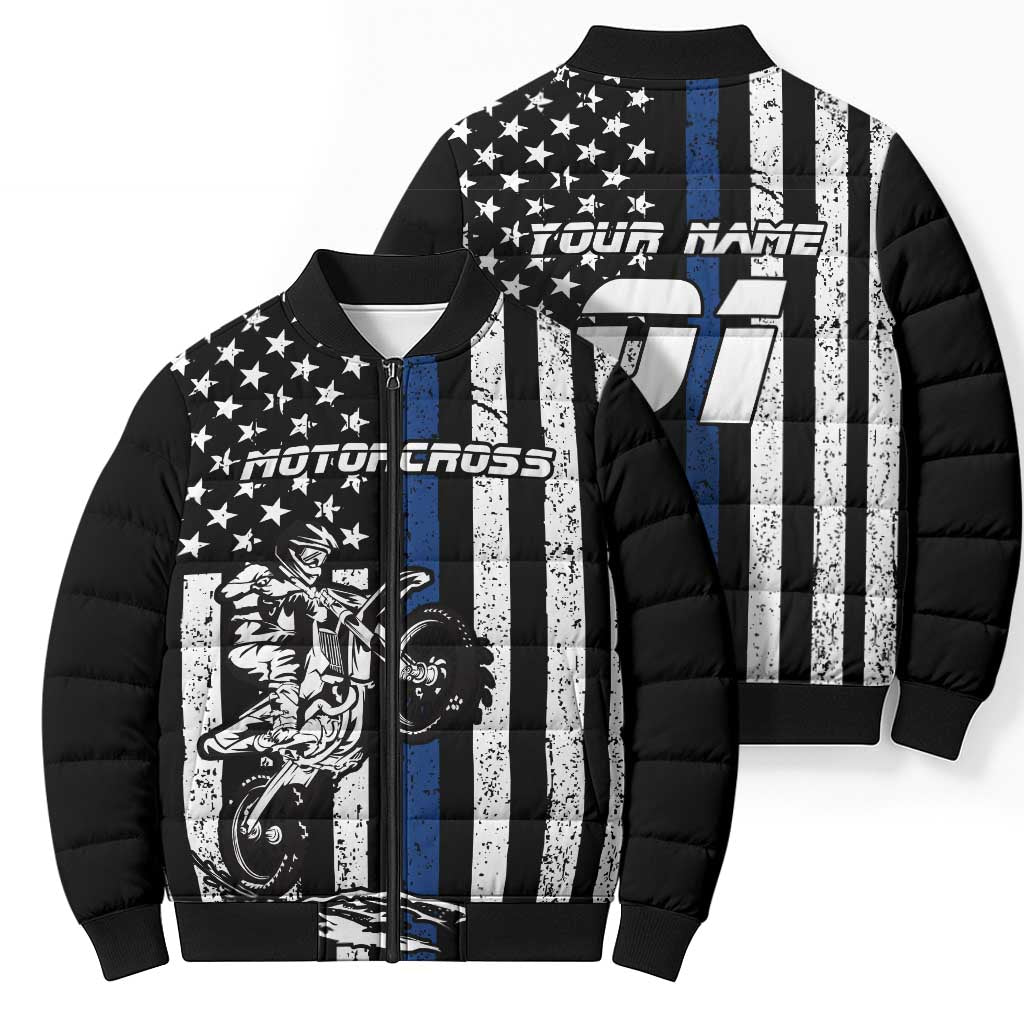 Personalized Motocross Rider Bomber Puffer Jacket with Splash Pattern and Dirt Bike Jump Illustration - Wonder Print Shop