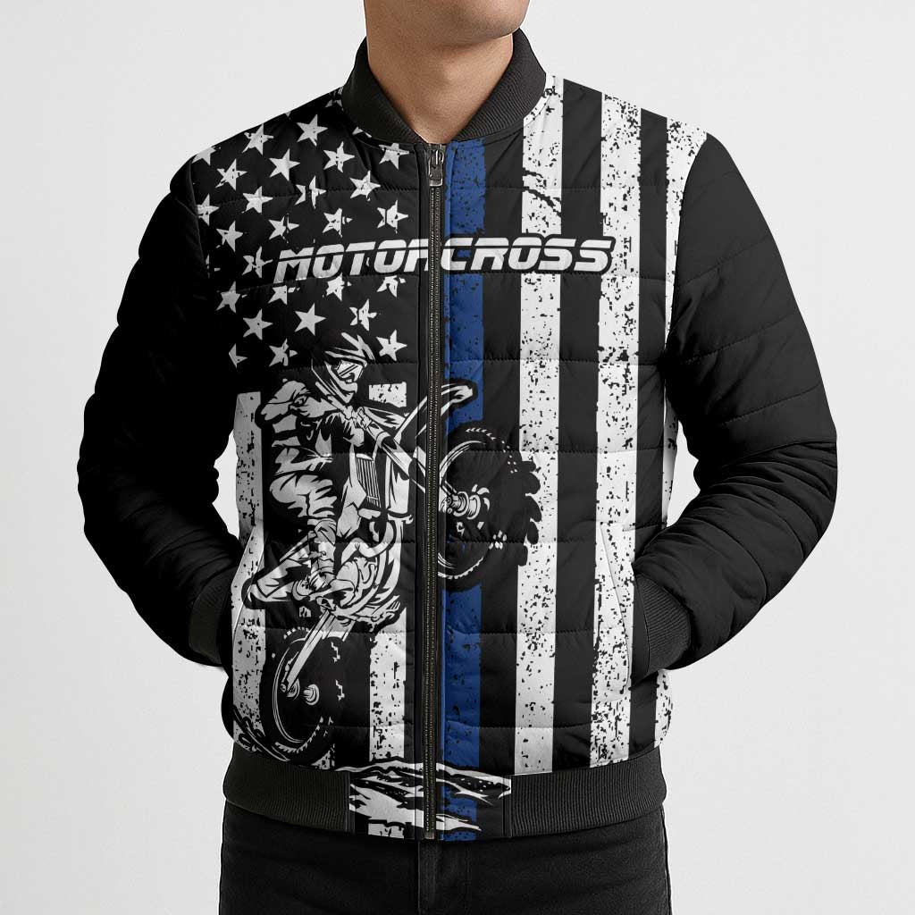 Personalized Motocross Rider Bomber Puffer Jacket with Splash Pattern and Dirt Bike Jump Illustration - Wonder Print Shop