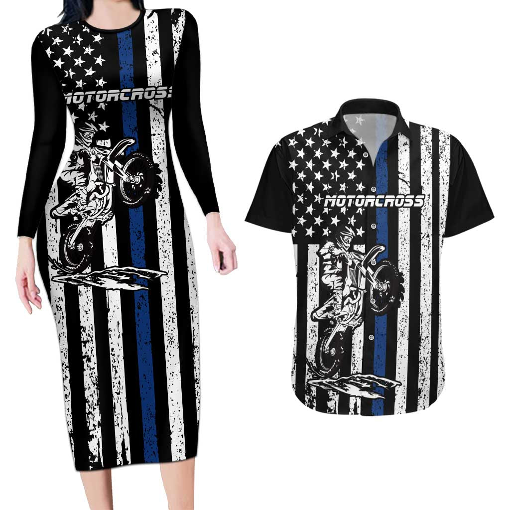 Personalized Motocross Rider Couples Matching Long Sleeve Bodycon Dress and Hawaiian Shirt with Splash Pattern and Dirt Bike Jump Illustration - Wonder Print Shop